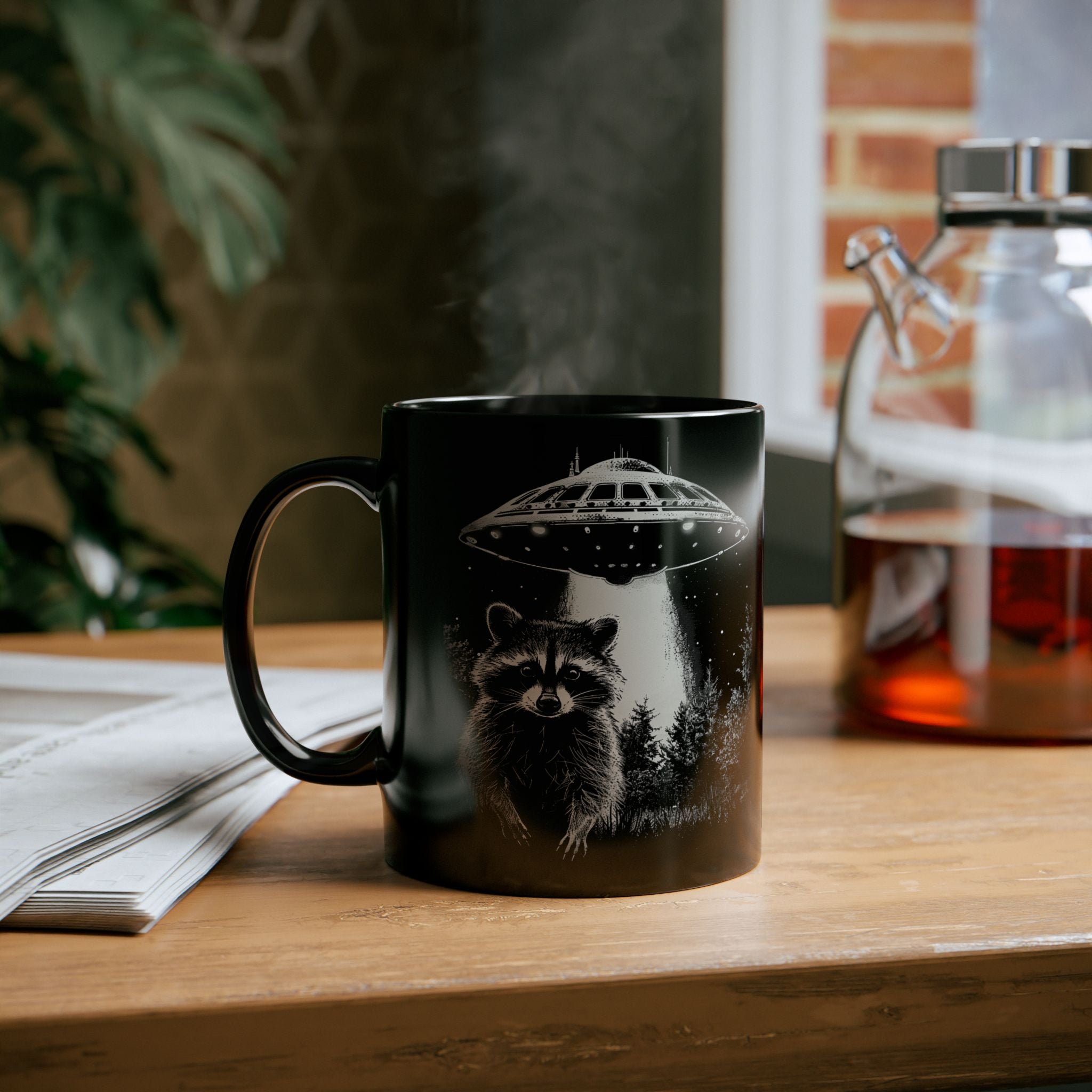 Funny Space Raccoon Mug | Black Ceramic Coffee Cup, 11oz & 15oz | Alien Abduction Parody, Animal Lover Gift, Cosmic Humor Drinkwar