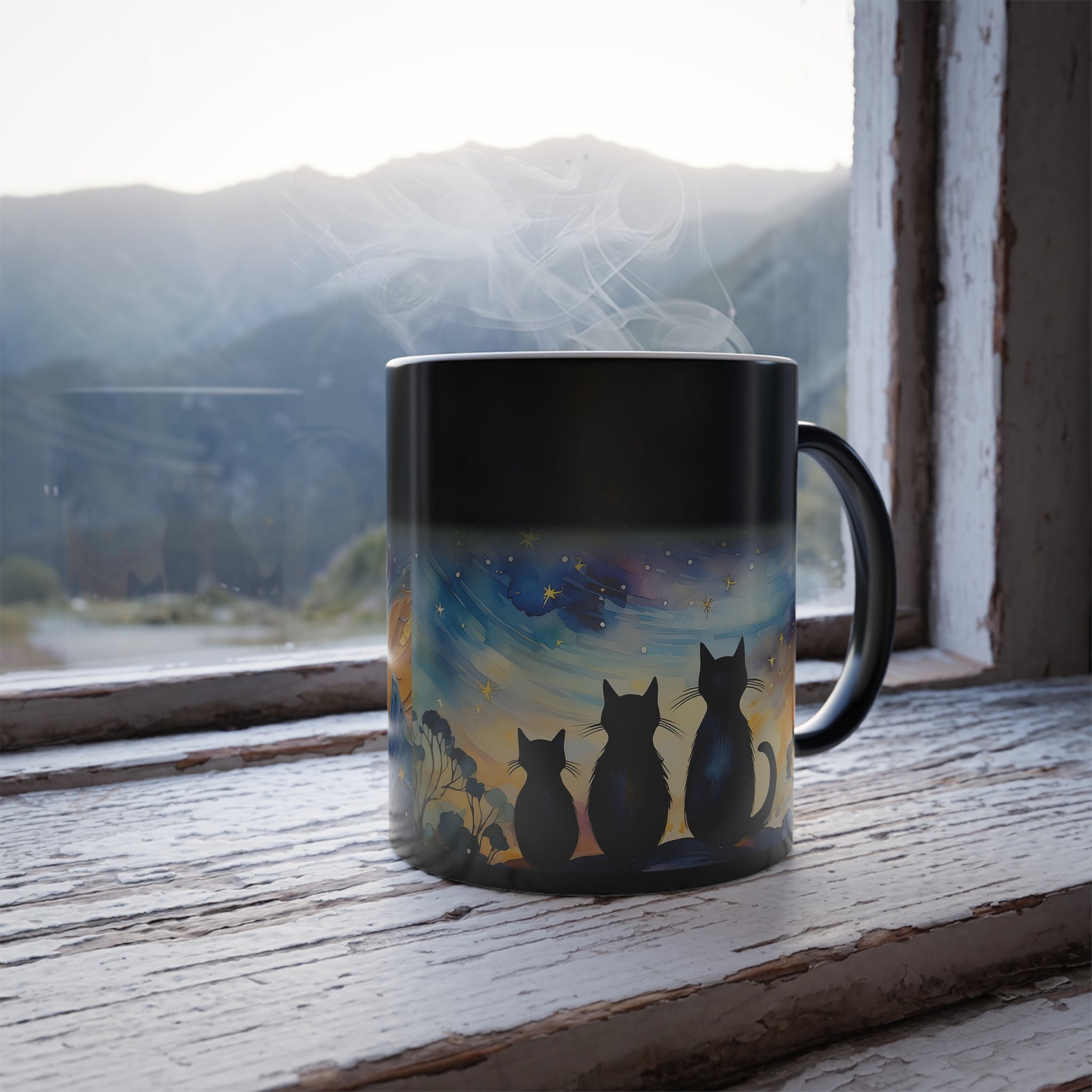 Three Black Cats Magic Mug – Color Changing Starry Night Coffee Cup (11oz)