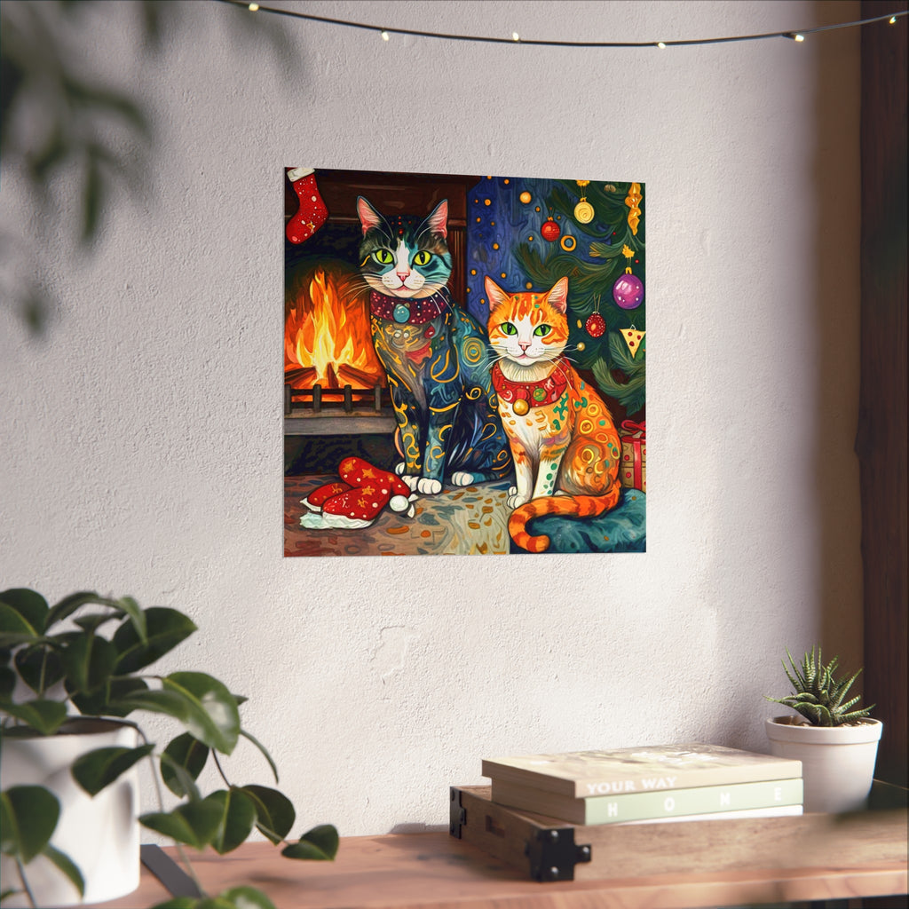 Christmas Cats Holiday Yule Fire Xmas Tree Colorful Fine Art Poster