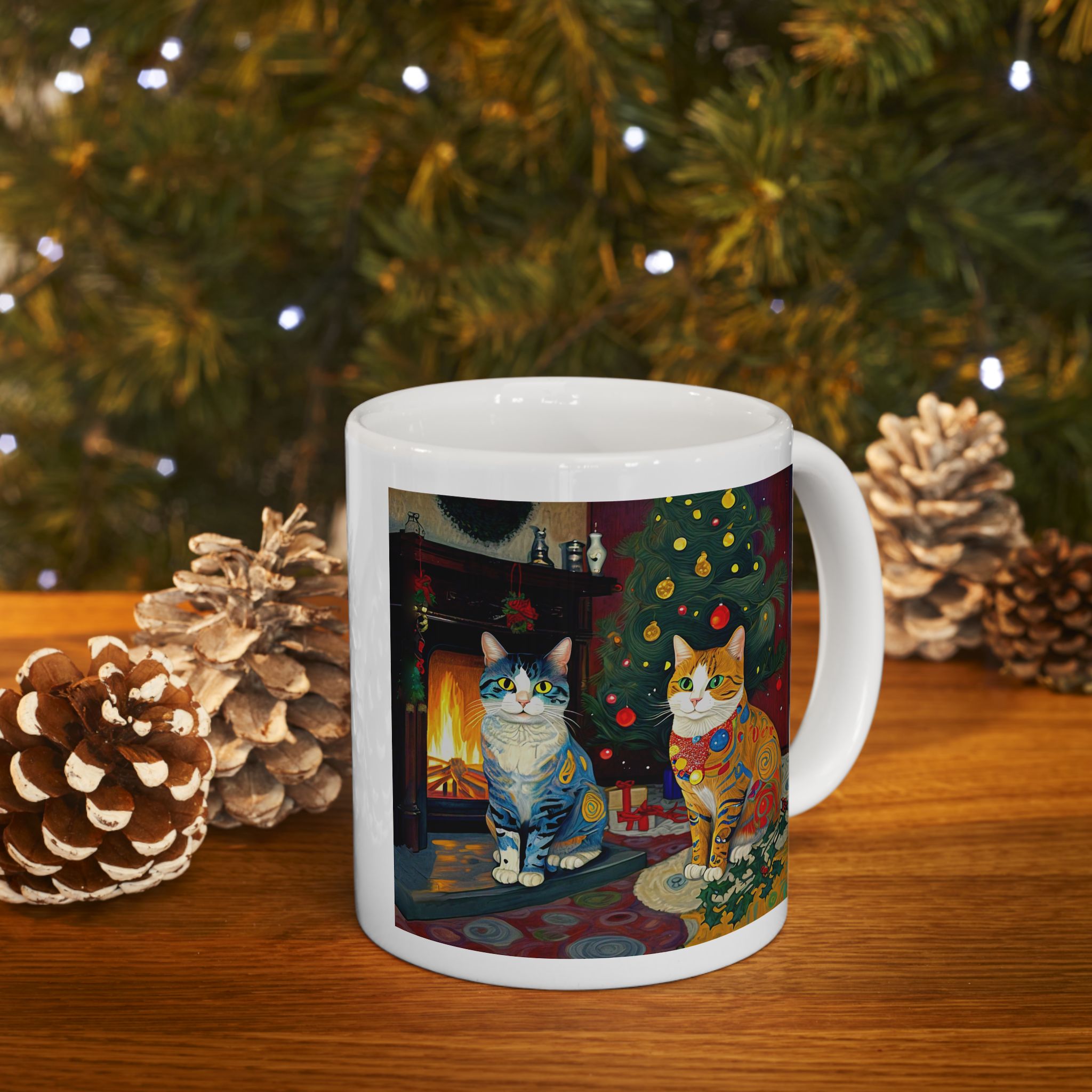 Mug - Colorful Christmas Cats Xmas Tree Yule Fire Klimt Style