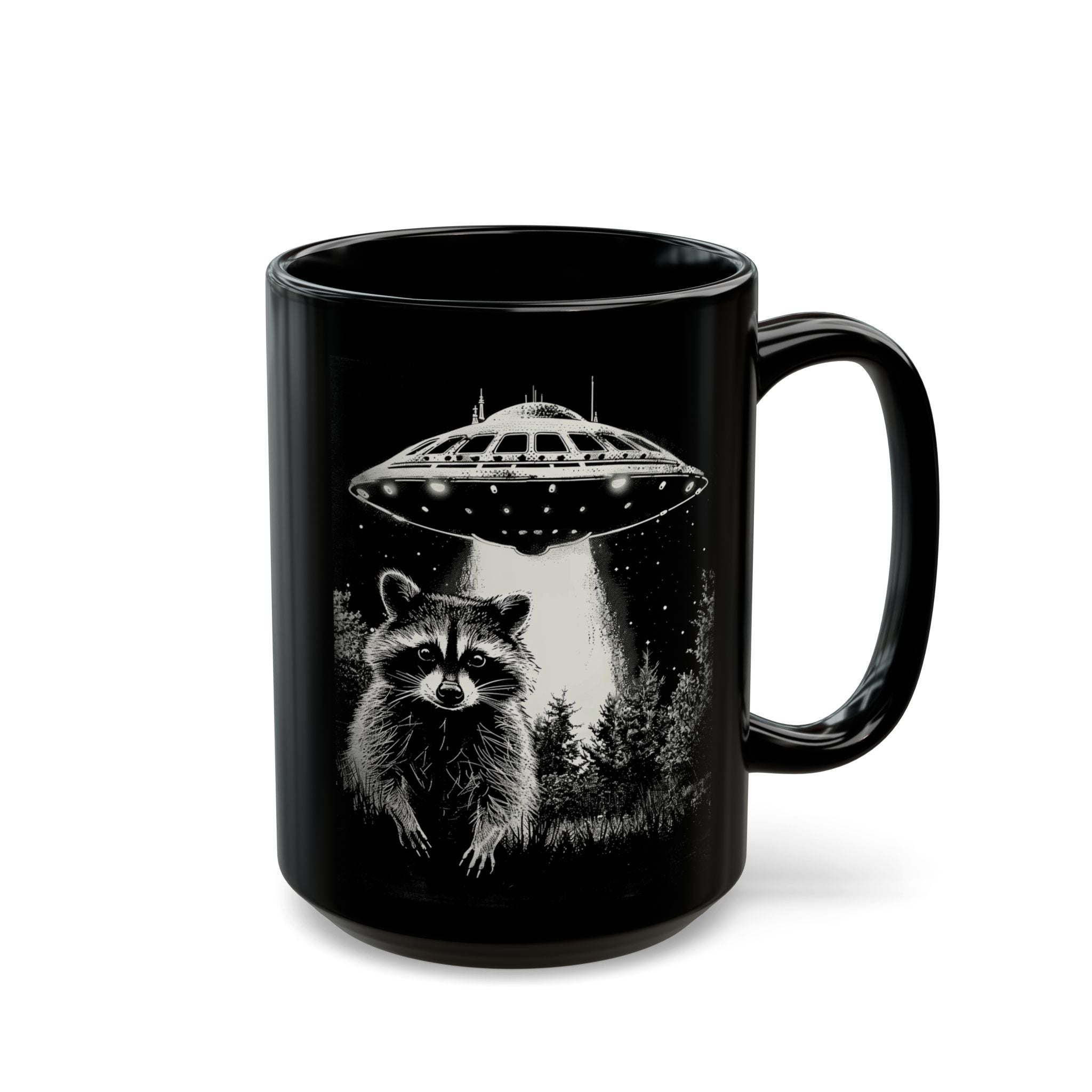 Funny Space Raccoon Mug | Black Ceramic Coffee Cup, 11oz & 15oz | Alien Abduction Parody, Animal Lover Gift, Cosmic Humor Drinkwar