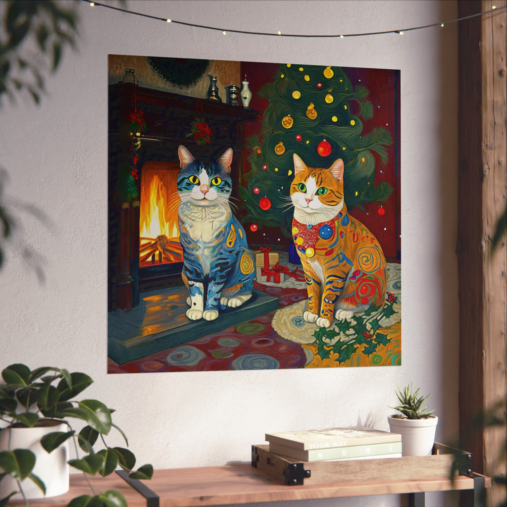 Christmas Cats Holiday Yule Fire Colorful Fine Art Poster