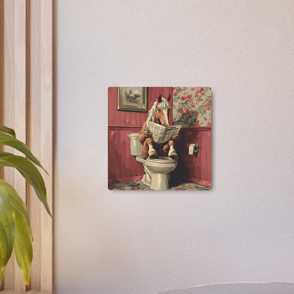 Metal Art Sign - Bathroom Humor Horse Reading Newspaper on the Toilet