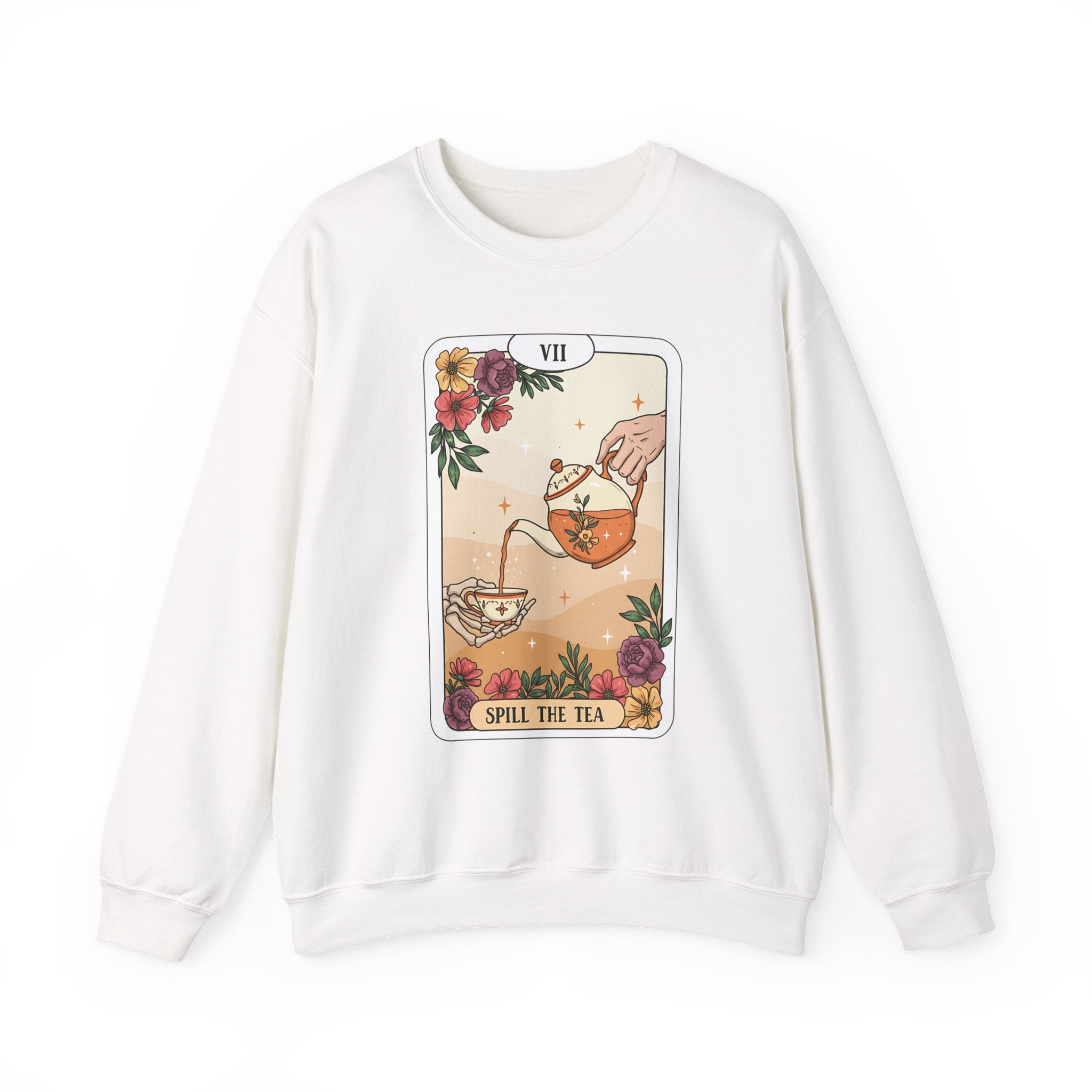 “Spill the Tea” Long Sleeve Shirt – Tarot-Inspired Graphic Tee | Cozy Witchy Apparel | Funny Gift for Tea Lovers