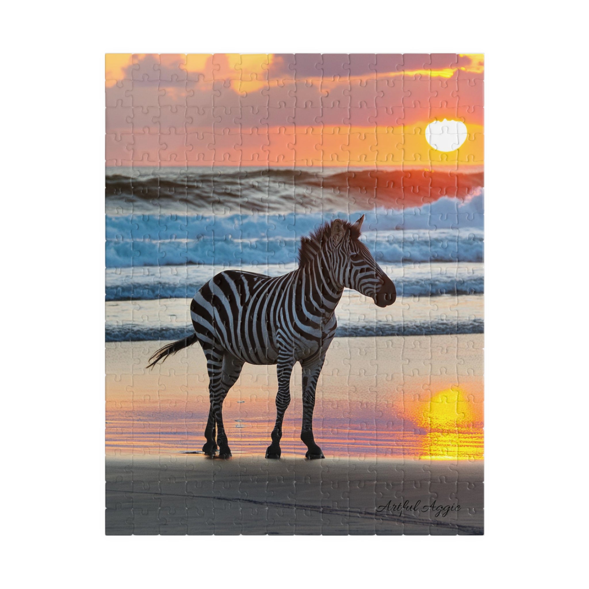 Jigsaw Puzzle - Zebra Walking on the Beach at Sunset Fun Puzzle