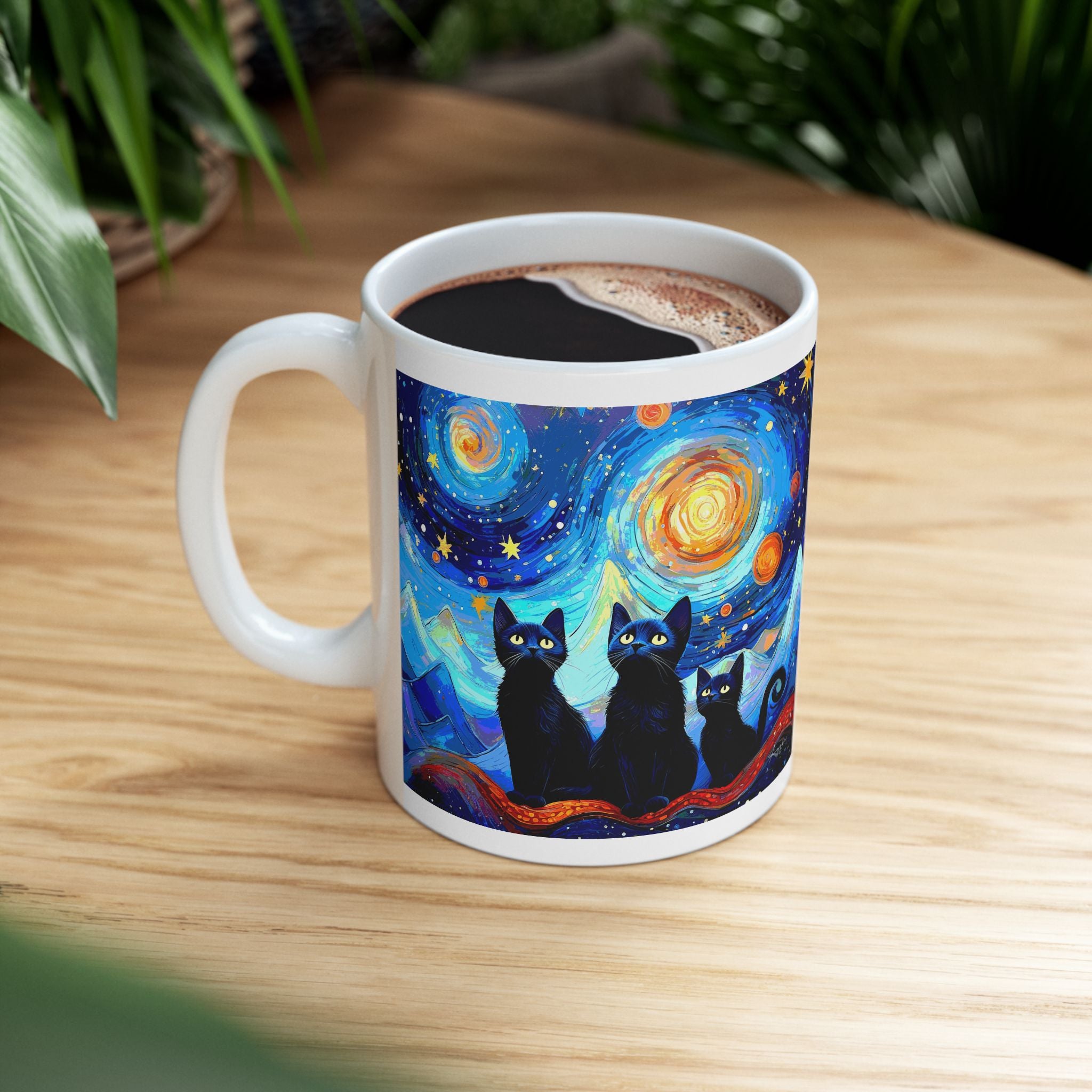 Coffee Mug – Black Cats Under a Starry Night Sky | 11oz & 15oz Ceramic Mug, Cat Lover Gift, Moon & Stars Drinkware, Cozy Reading Cup