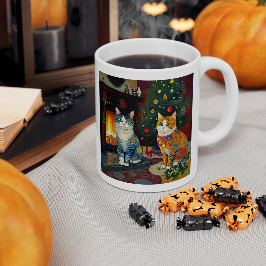 Mug - Colorful Christmas Cats Xmas Tree Yule Fire Klimt Style