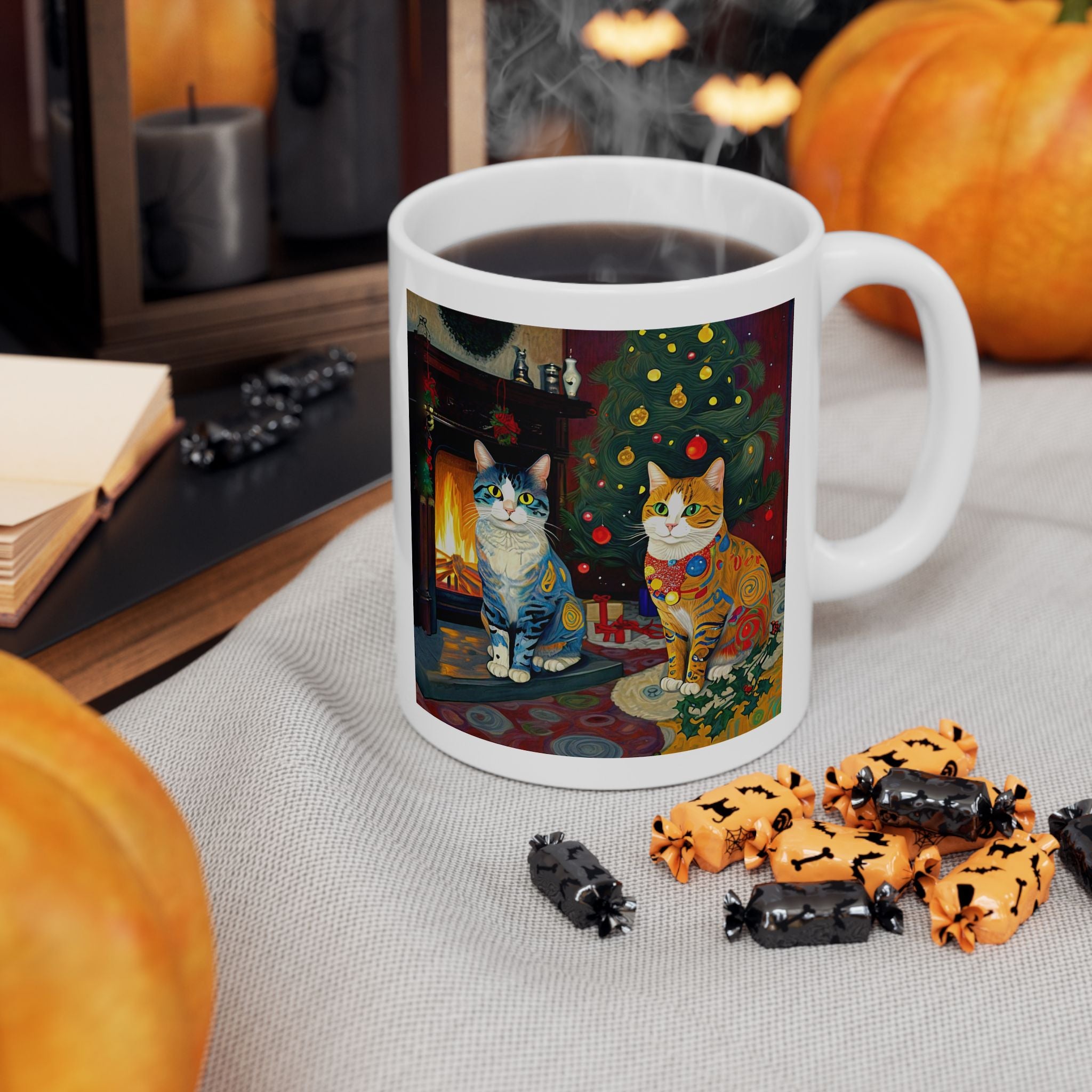 Mug - Colorful Christmas Cats Xmas Tree Yule Fire Klimt Style