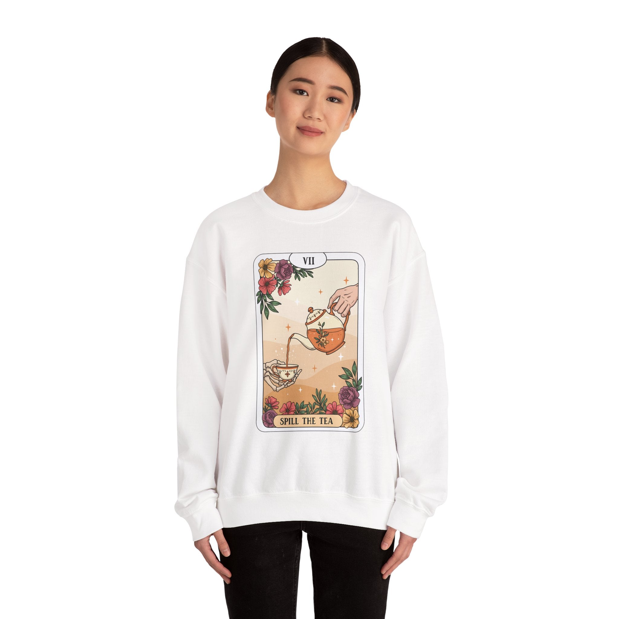 “Spill the Tea” Long Sleeve Shirt – Tarot-Inspired Graphic Tee | Cozy Witchy Apparel | Funny Gift for Tea Lovers