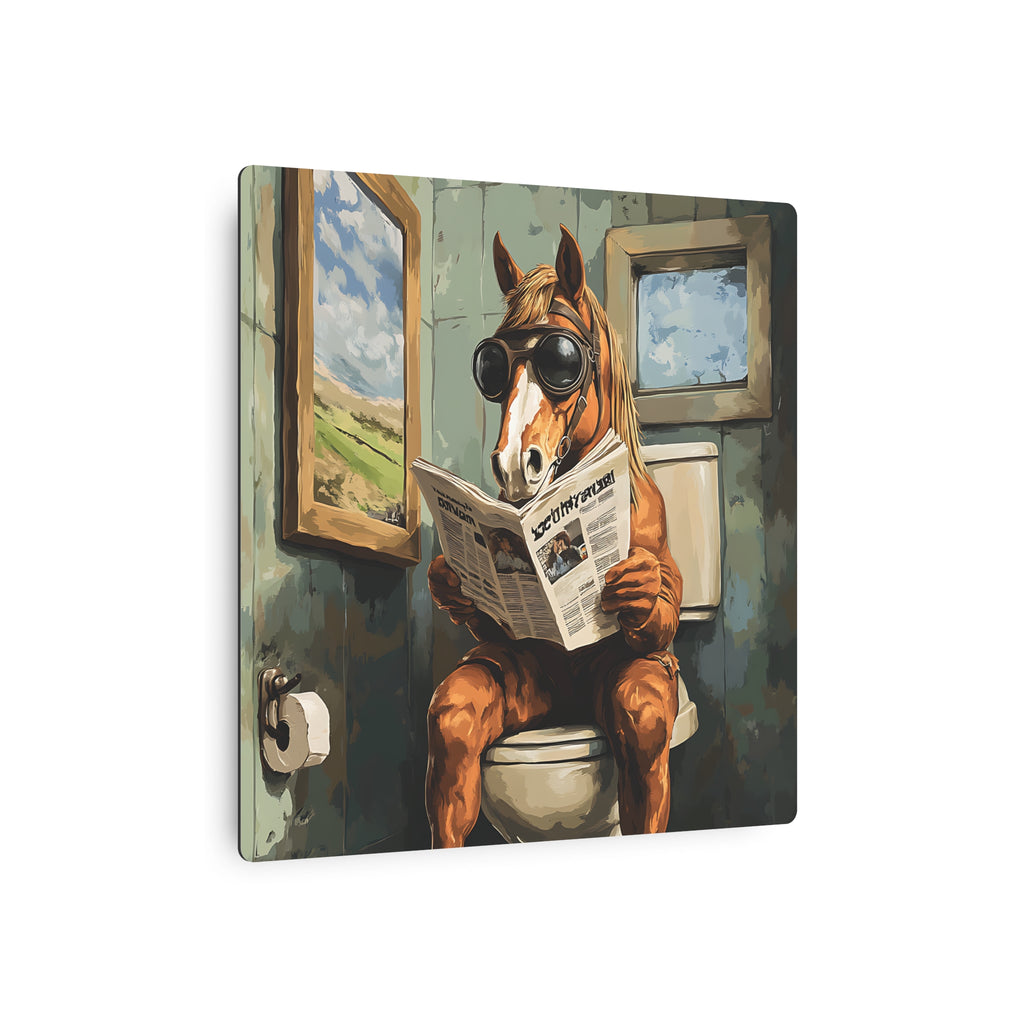 Metal Art Sign - Bathroom Humor, Horse Reading Newspaper on the Toilet, Rustic bathroom decor