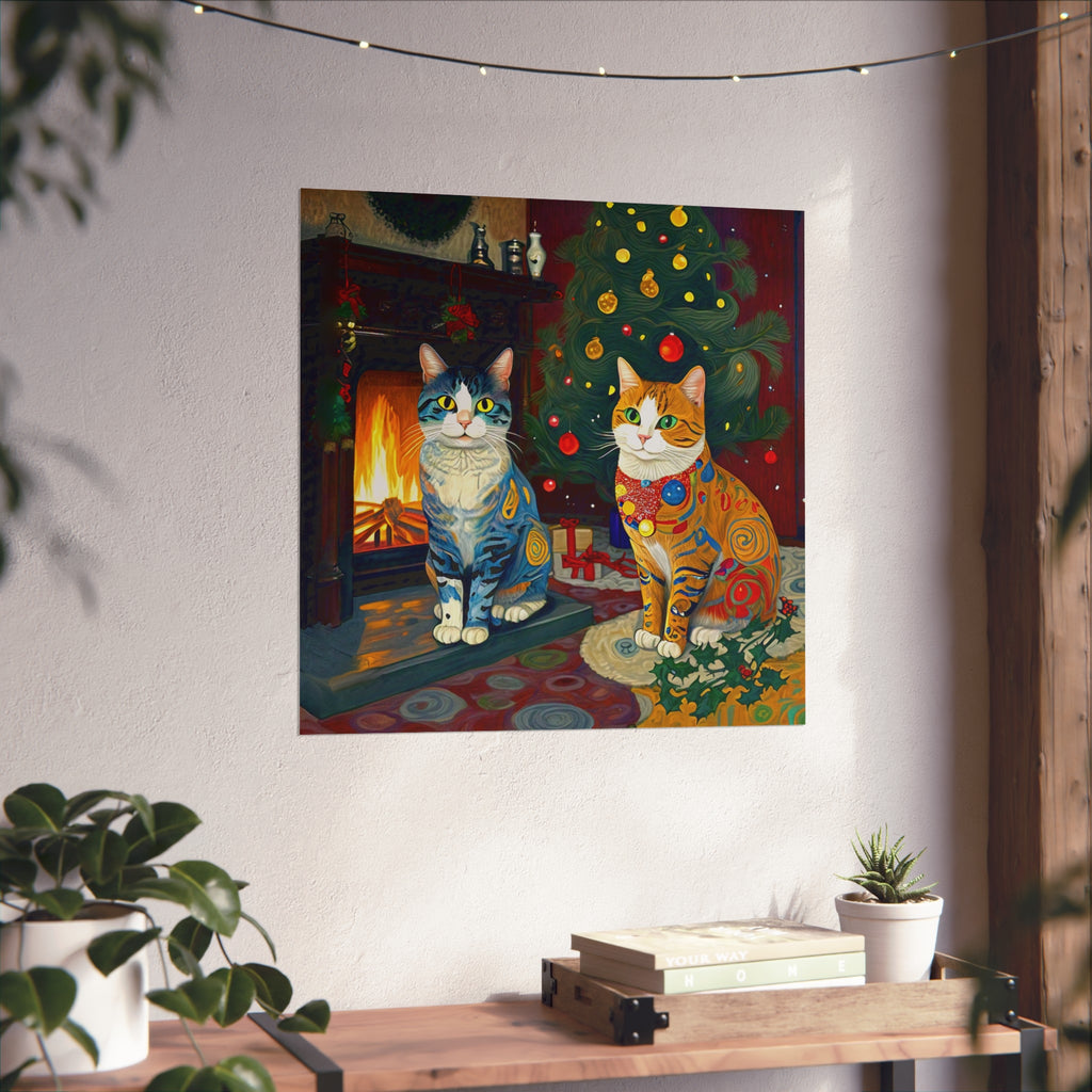 Christmas Cats Holiday Yule Fire Colorful Fine Art Poster