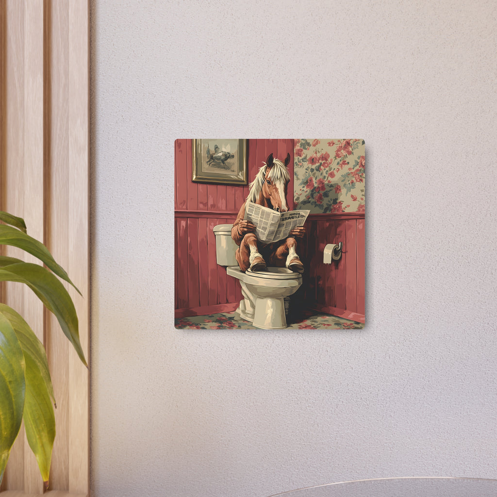 Metal Art Sign - Bathroom Humor Horse Reading Newspaper on the Toilet