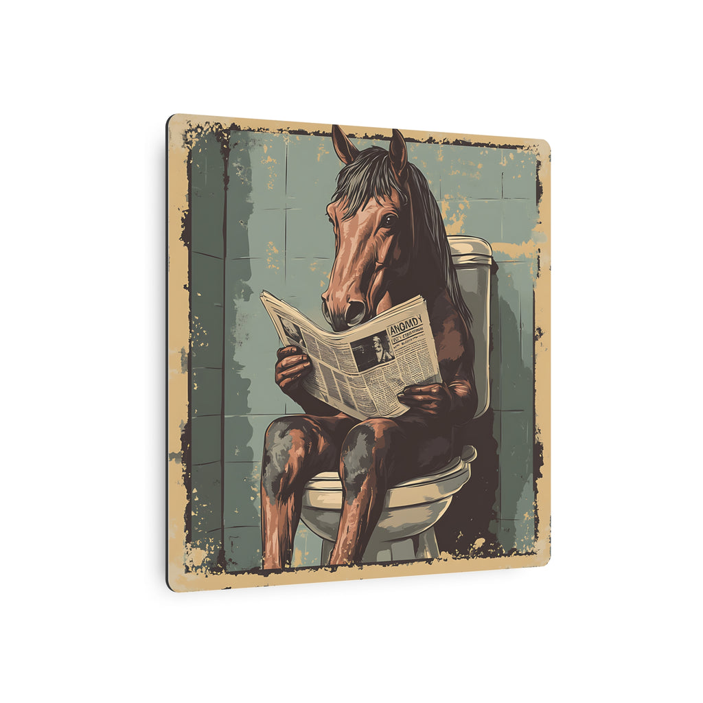 Metal Art Sign - Bathroom Humor, Horse Reading Newspaper on the Toilet, blue bathroom decor