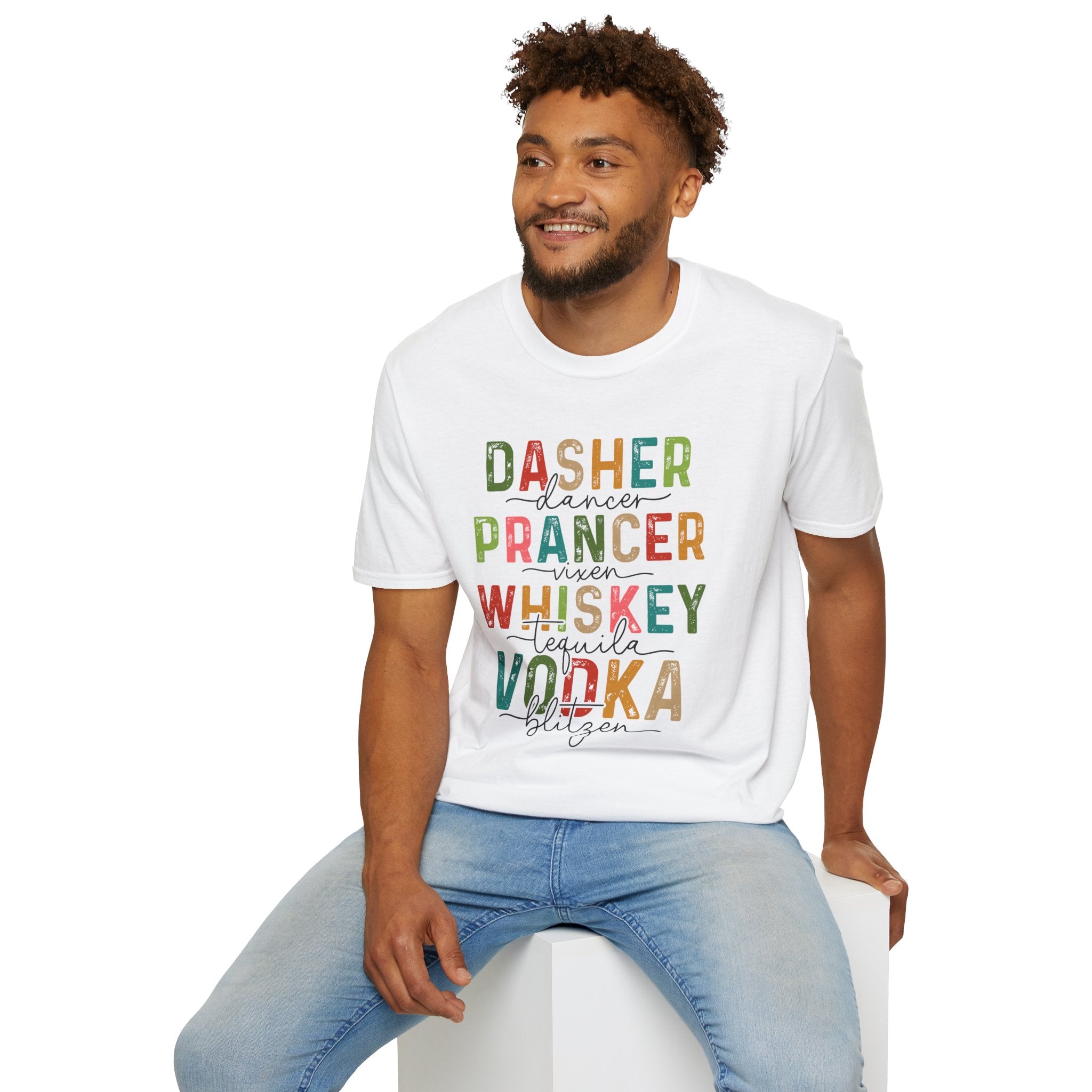 Holiday Reindeer Alcohol Unisex T-Shirt - Dasher Dancer Prancer Vixen Whiskey Tequila Vodka Blitzen