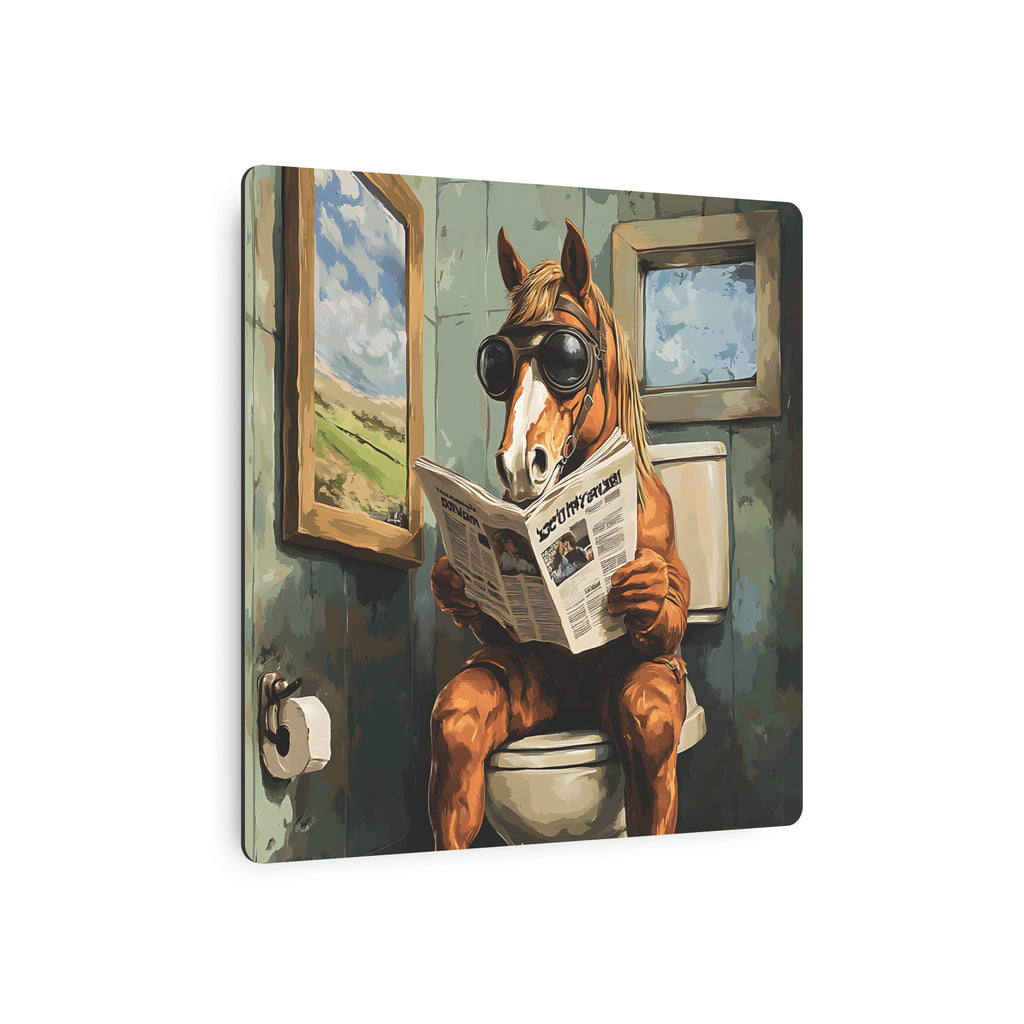 Metal Art Sign - Bathroom Humor, Horse Reading Newspaper on the Toilet, Rustic bathroom decor