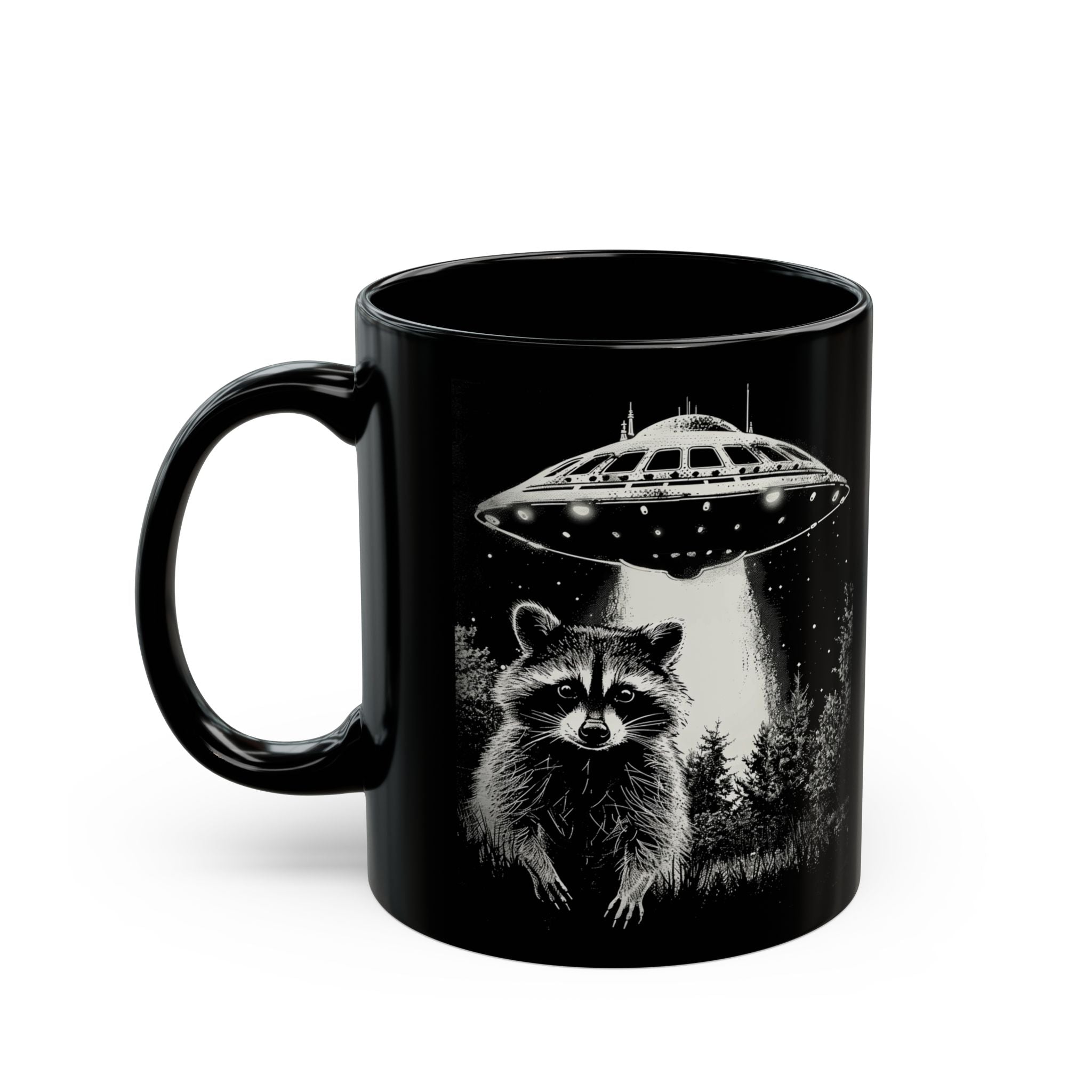 Funny Space Raccoon Mug | Black Ceramic Coffee Cup, 11oz & 15oz | Alien Abduction Parody, Animal Lover Gift, Cosmic Humor Drinkwar