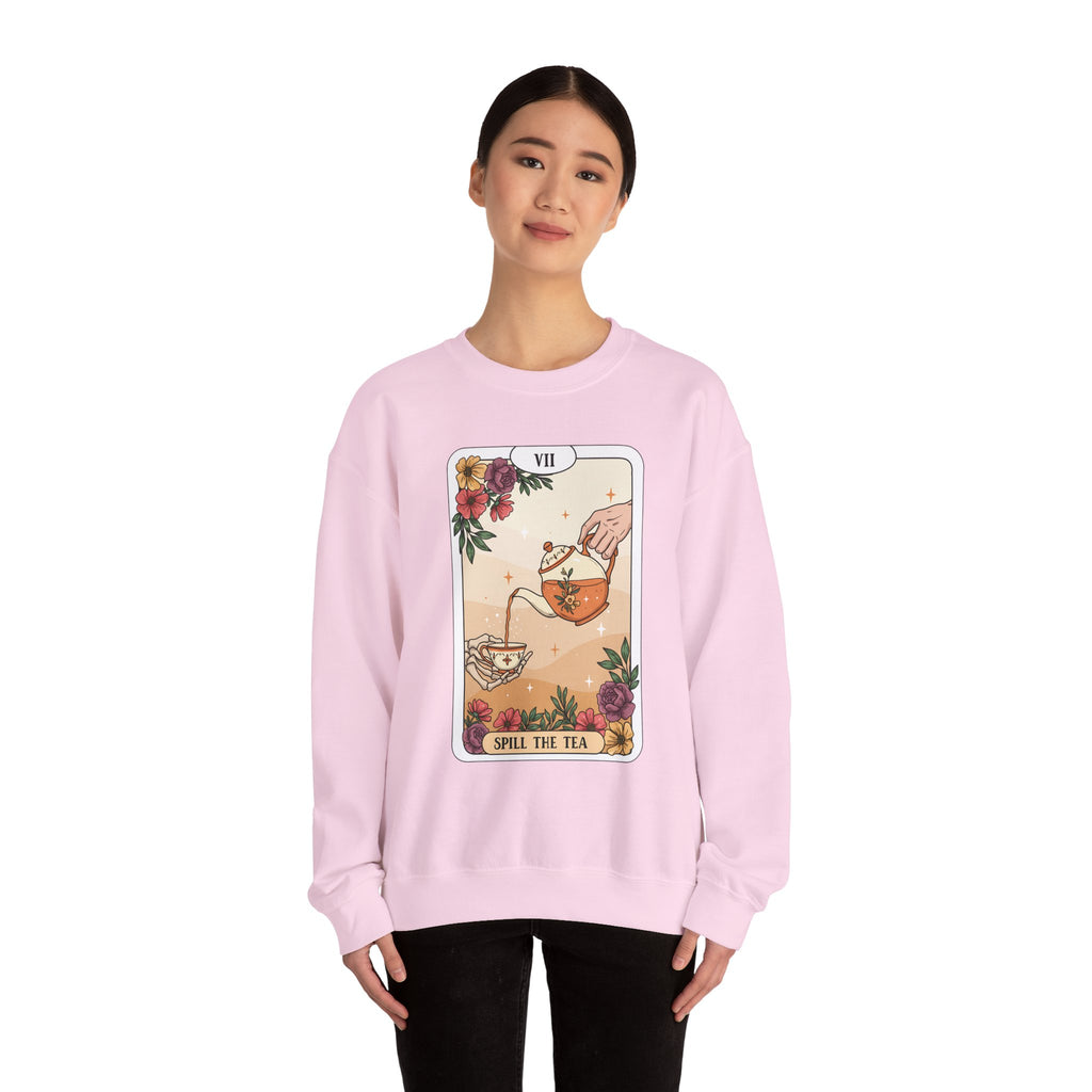 “Spill the Tea” Long Sleeve Shirt – Tarot-Inspired Graphic Tee | Cozy Witchy Apparel | Funny Gift for Tea Lovers