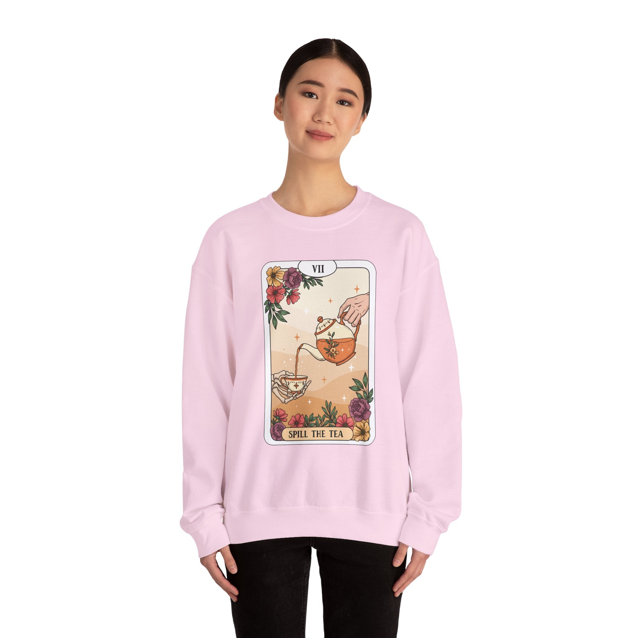 “Spill the Tea” Long Sleeve Shirt – Tarot-Inspired Graphic Tee | Cozy Witchy Apparel | Funny Gift for Tea Lovers