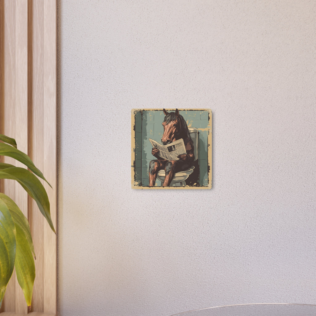 Metal Art Sign - Bathroom Humor, Horse Reading Newspaper on the Toilet, blue bathroom decor