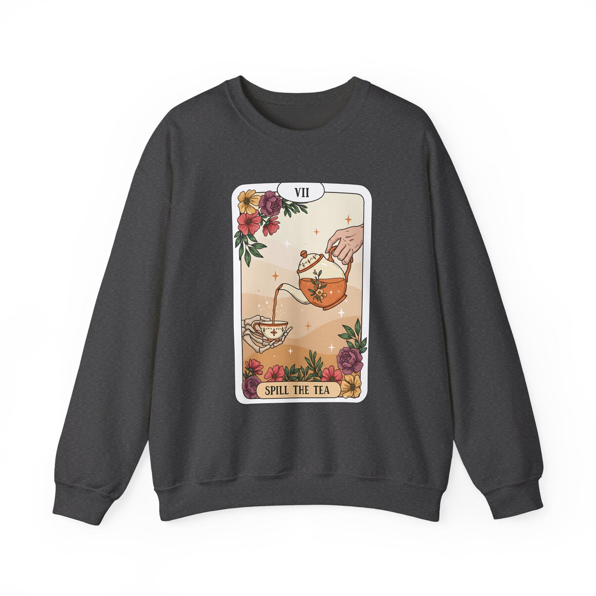 “Spill the Tea” Long Sleeve Shirt – Tarot-Inspired Graphic Tee | Cozy Witchy Apparel | Funny Gift for Tea Lovers