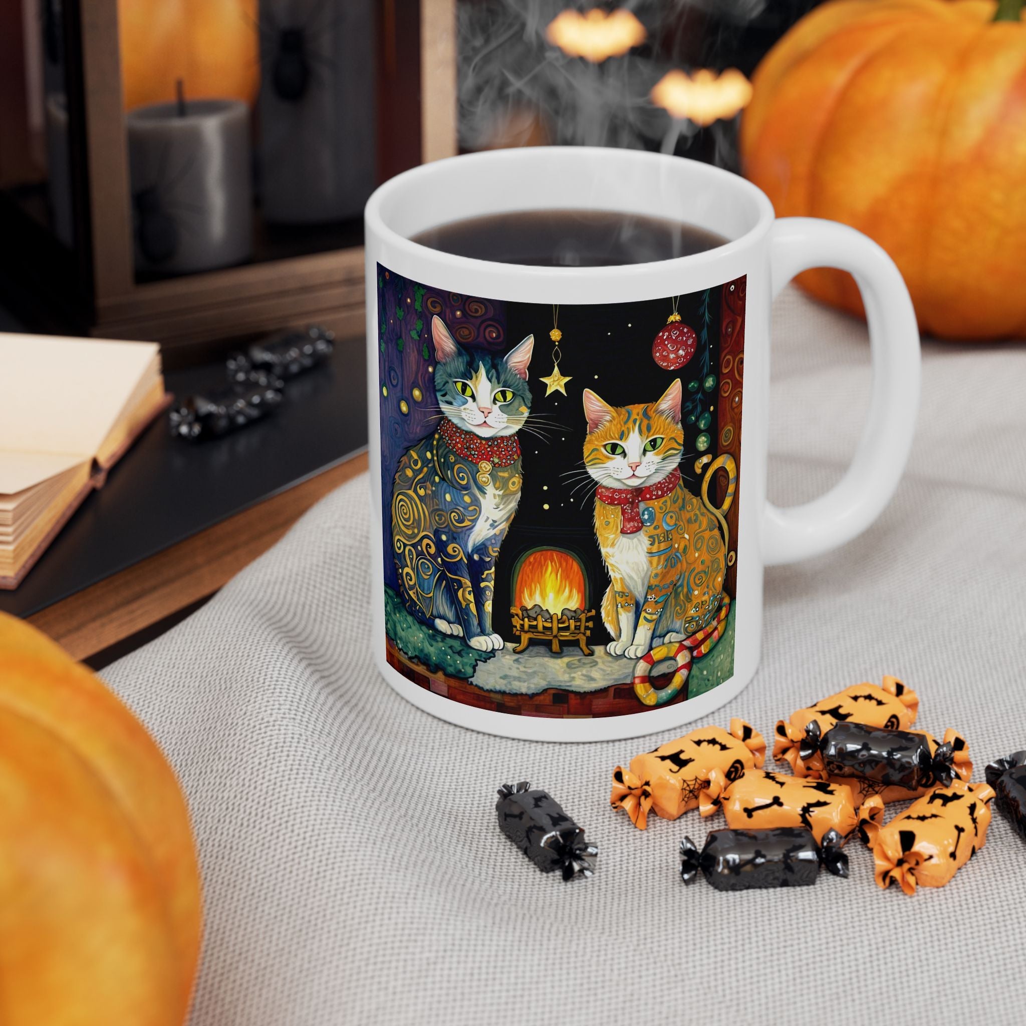 Mug - Colorful Christmas Cats Yule Fire Klimt Style