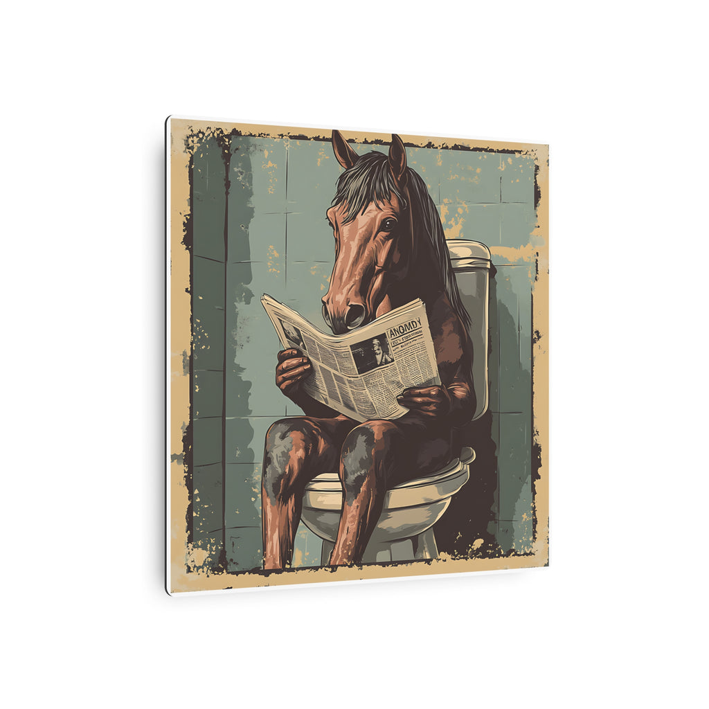 Metal Art Sign - Bathroom Humor, Horse Reading Newspaper on the Toilet, blue bathroom decor