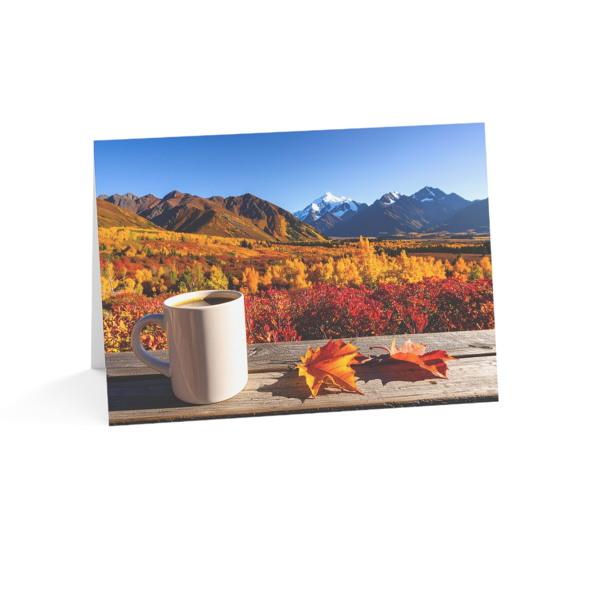 Autumn Mountain Getaway Greeting Card | Fall Colors & Coffee View | Blank Inside | Single or Multi-Pack (3.5x4.9 or 5x7)