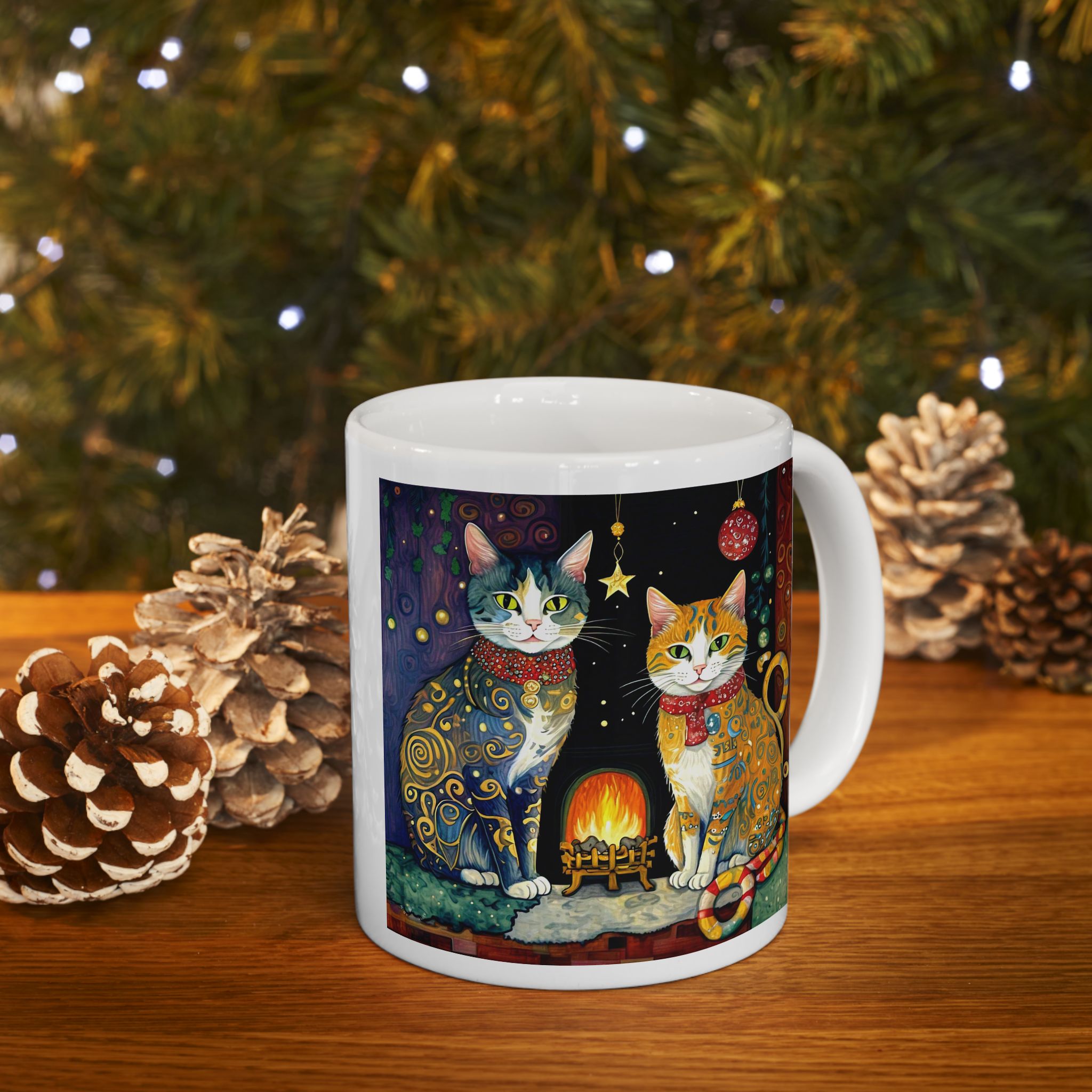 Mug - Colorful Christmas Cats Yule Fire Klimt Style