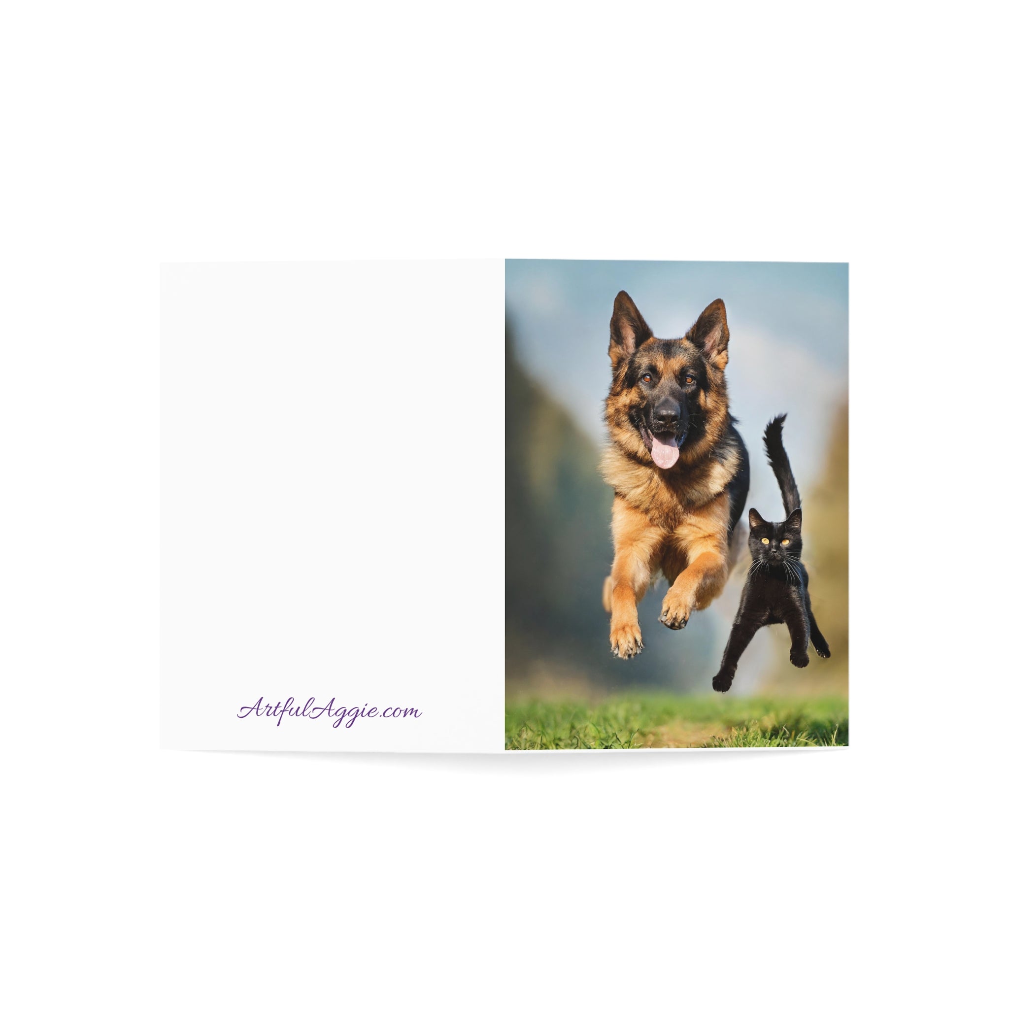 Greeting Card - German Shepherd and Black Cat Flying through the Air
