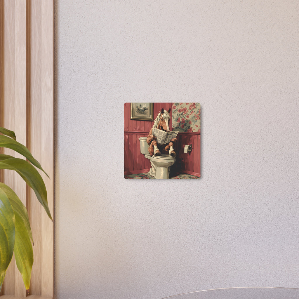 Metal Art Sign - Bathroom Humor Horse Reading Newspaper on the Toilet