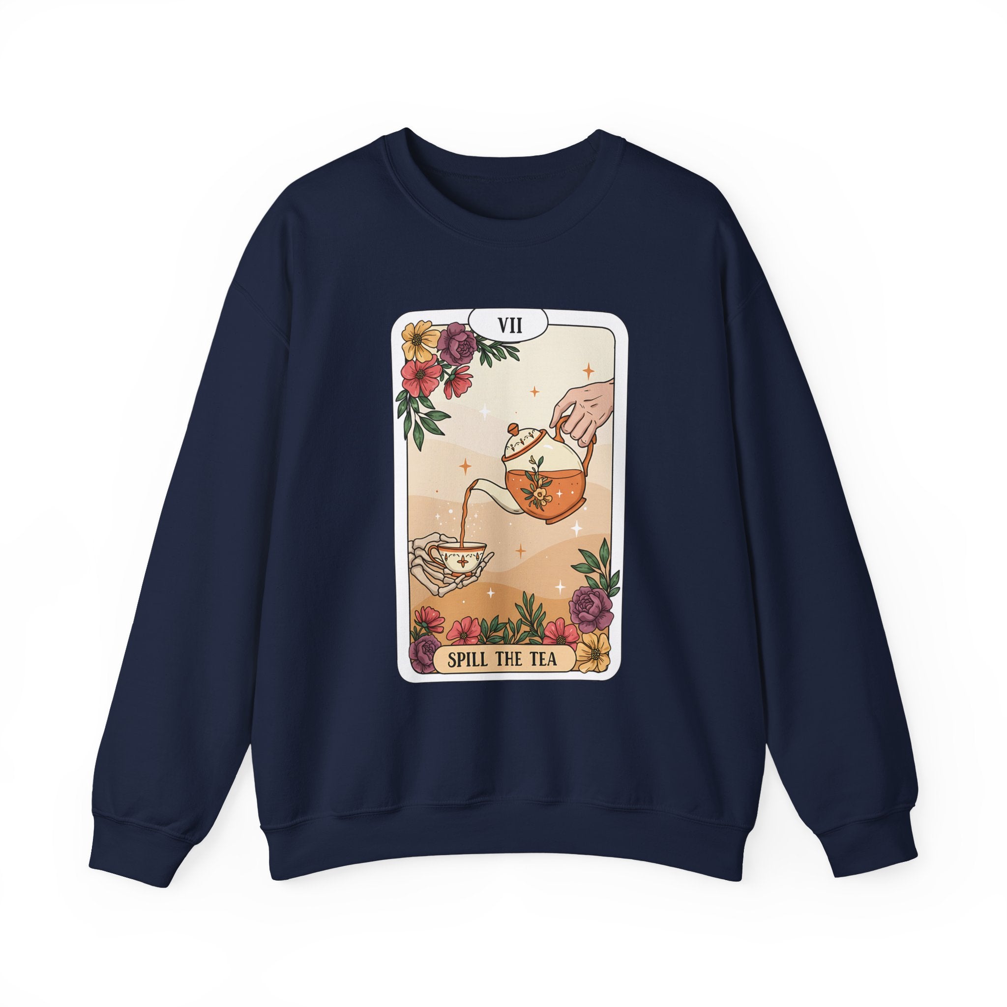 “Spill the Tea” Long Sleeve Shirt – Tarot-Inspired Graphic Tee | Cozy Witchy Apparel | Funny Gift for Tea Lovers