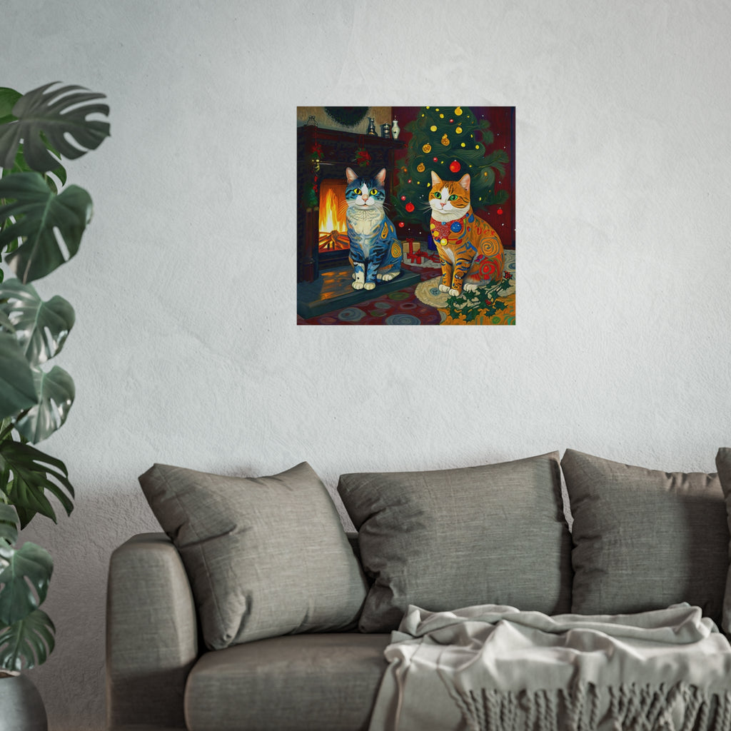 Christmas Cats Holiday Yule Fire Colorful Fine Art Poster
