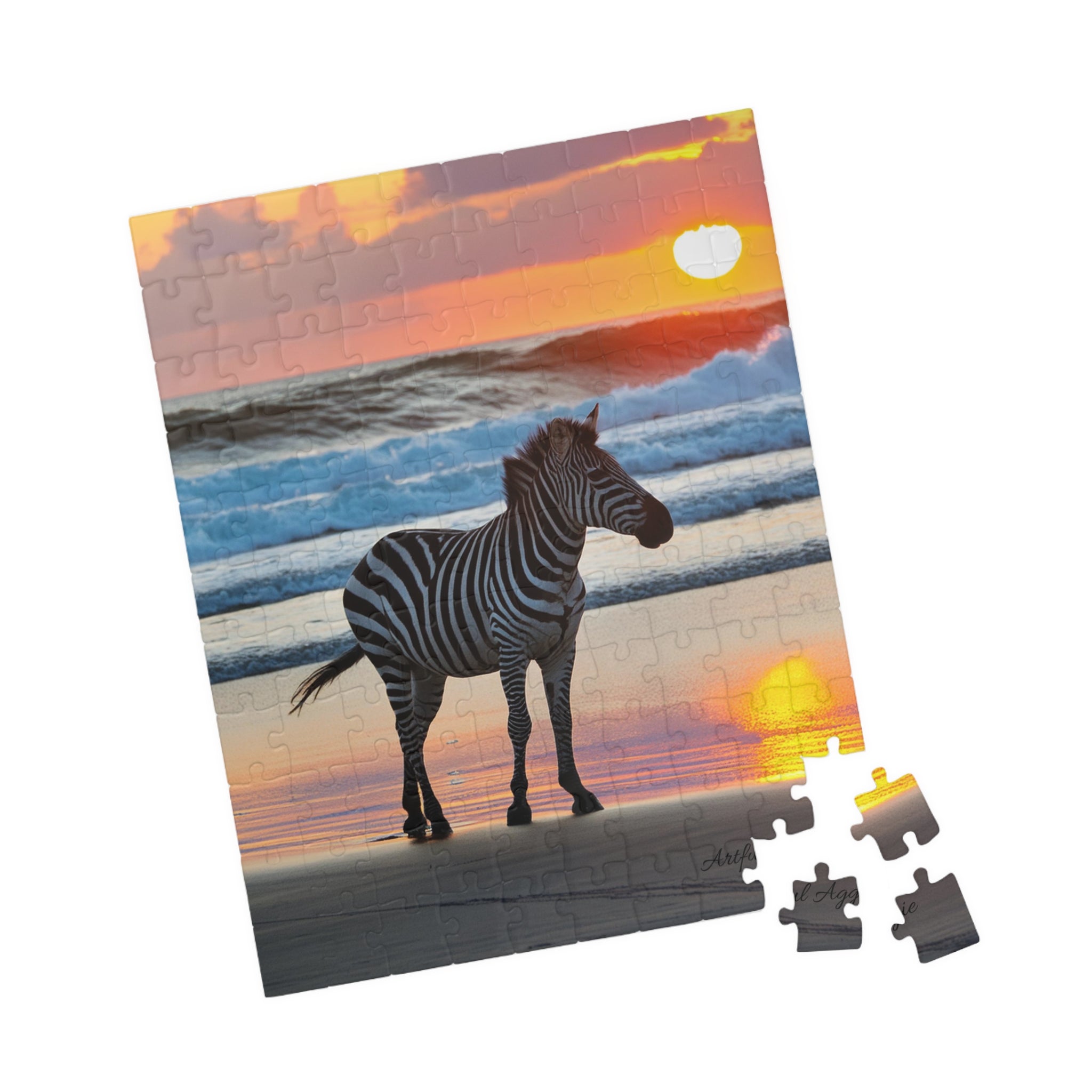 Jigsaw Puzzle - Zebra Walking on the Beach at Sunset Fun Puzzle