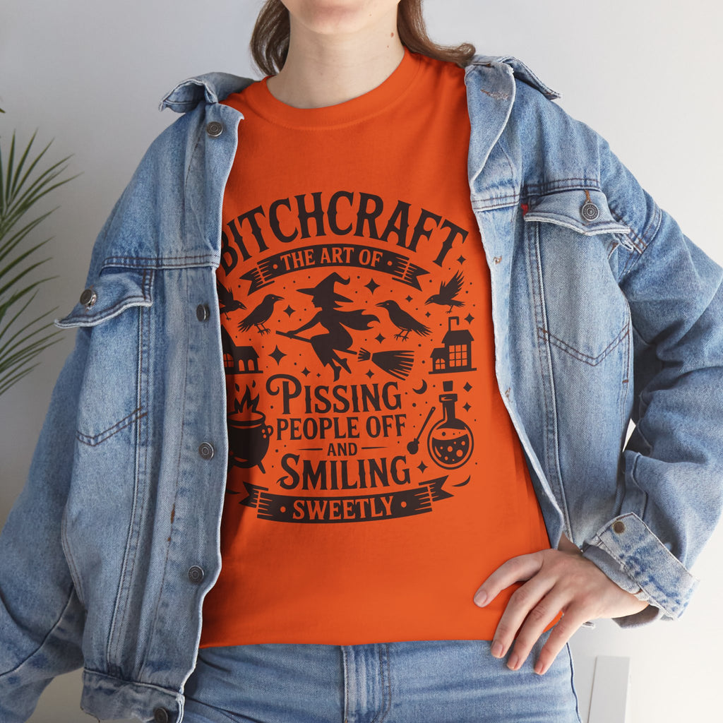 Bitchcraft Unisex Heavy Cotton Tee | The Art of Pissing People Off and Smiling Sweetly | Funny Gift, Witchy Apparel, Halloween T-Shirt