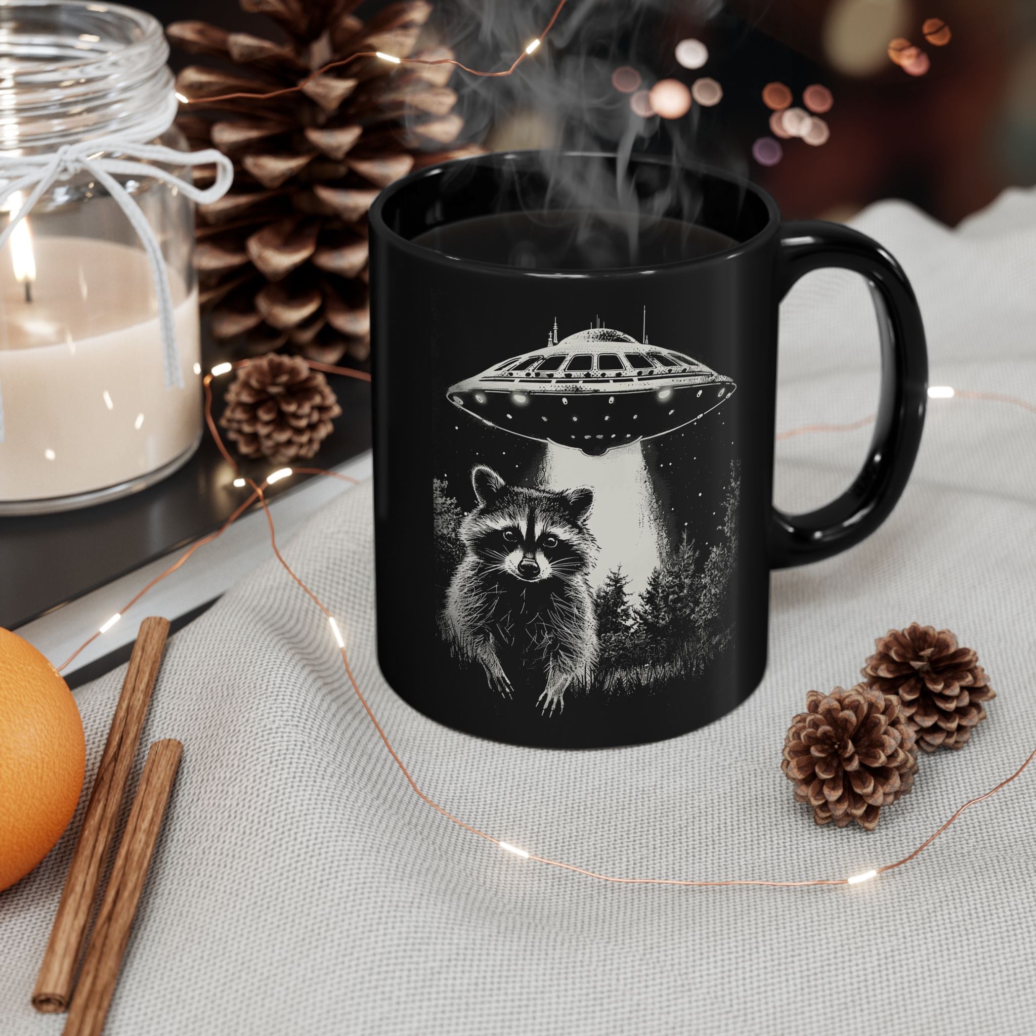 Funny Space Raccoon Mug | Black Ceramic Coffee Cup, 11oz & 15oz | Alien Abduction Parody, Animal Lover Gift, Cosmic Humor Drinkwar
