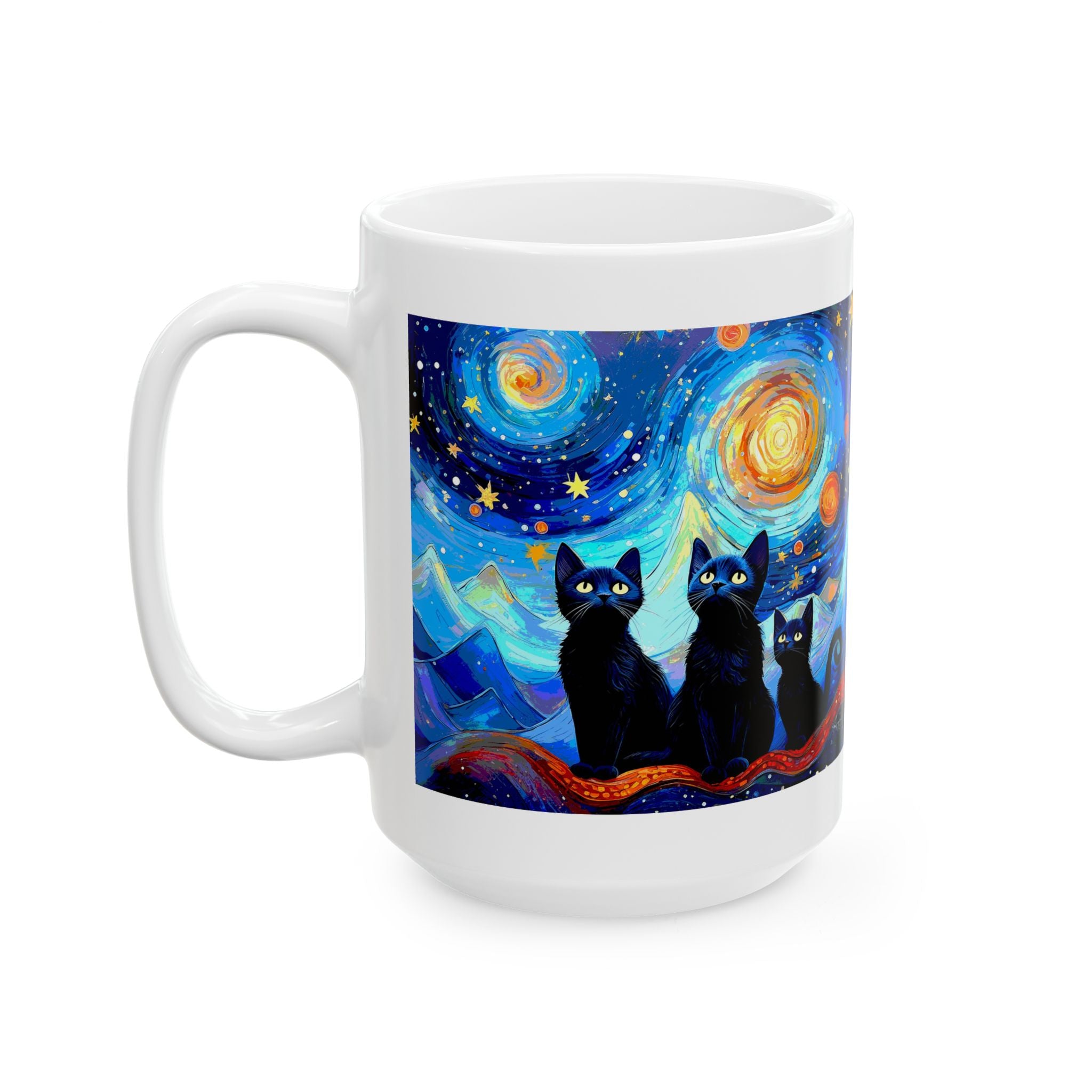 Coffee Mug – Black Cats Under a Starry Night Sky | 11oz & 15oz Ceramic Mug, Cat Lover Gift, Moon & Stars Drinkware, Cozy Reading Cup