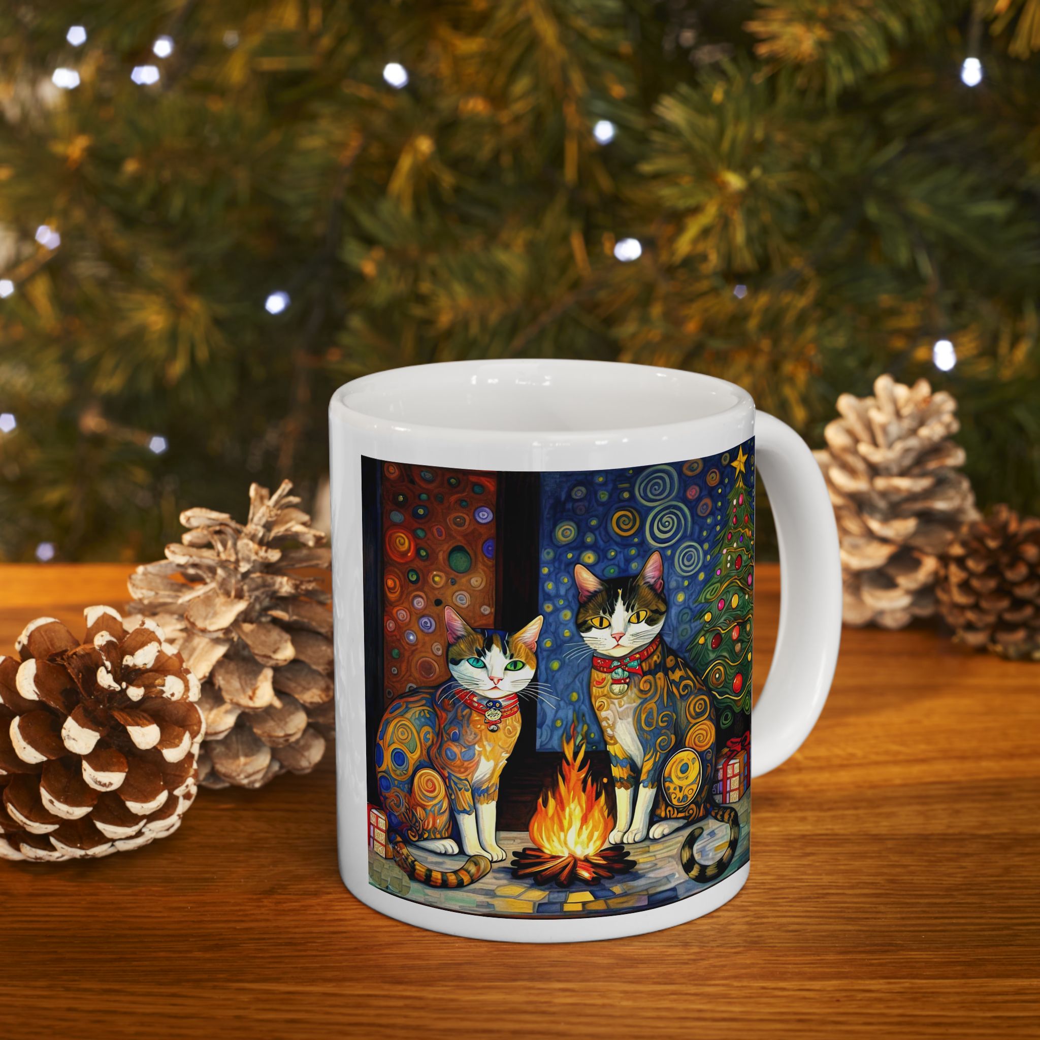 Mug - Colorful Christmas Cats Yule Fire Klimt Style