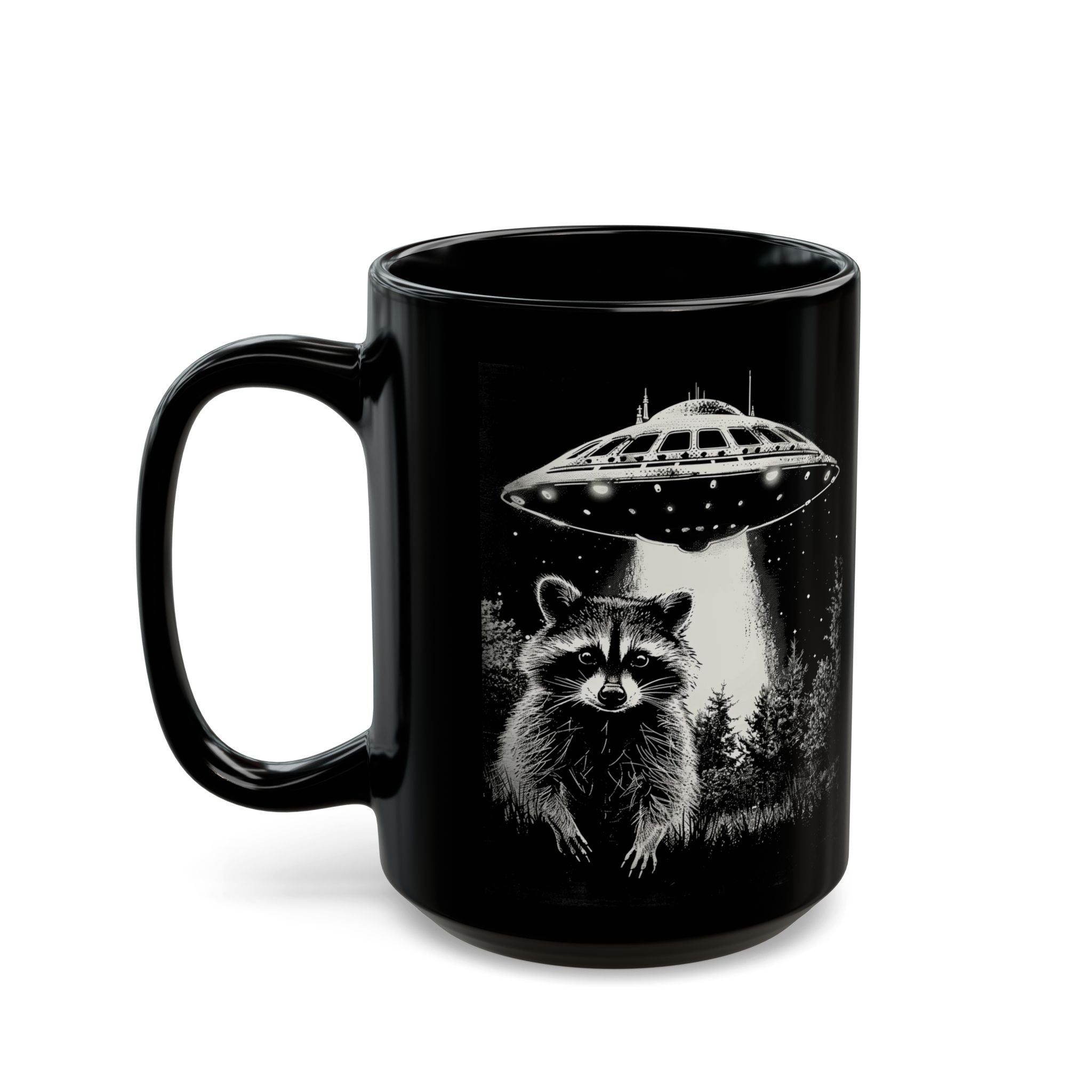 Funny Space Raccoon Mug | Black Ceramic Coffee Cup, 11oz & 15oz | Alien Abduction Parody, Animal Lover Gift, Cosmic Humor Drinkwar