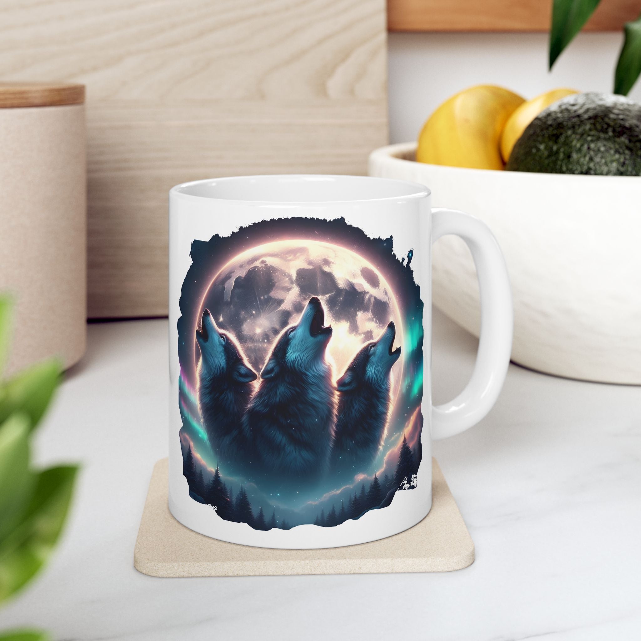 Wolf Howling, Mountains, Moonlight Ceramic Mug (11oz, 15oz)