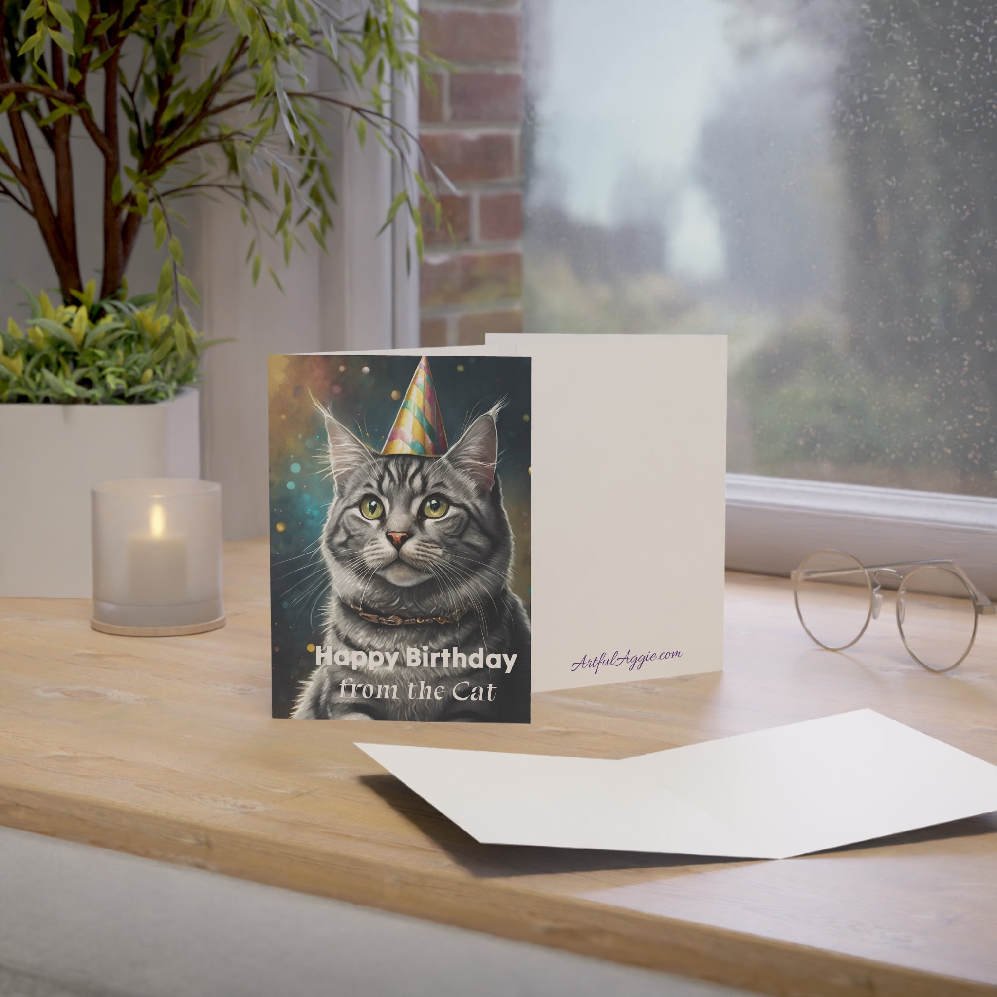 Greeting Card - Funny Happy Birthday Card from the Cat, Silver Tabby