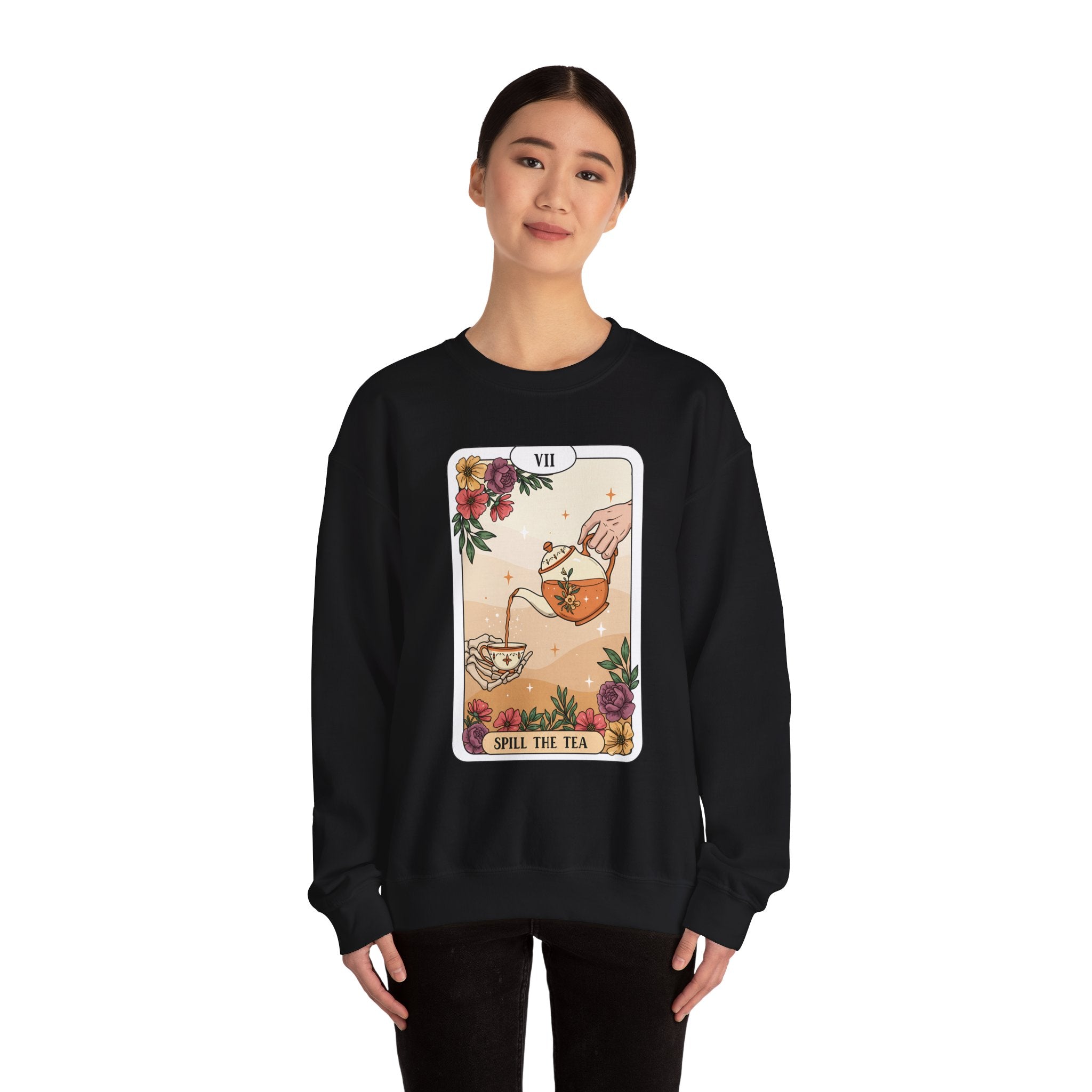 “Spill the Tea” Long Sleeve Shirt – Tarot-Inspired Graphic Tee | Cozy Witchy Apparel | Funny Gift for Tea Lovers