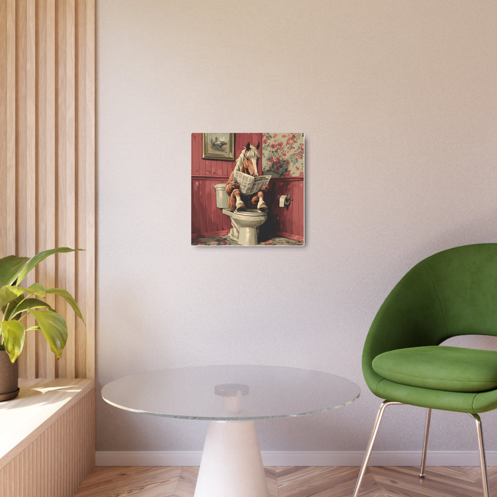 Metal Art Sign - Bathroom Humor Horse Reading Newspaper on the Toilet