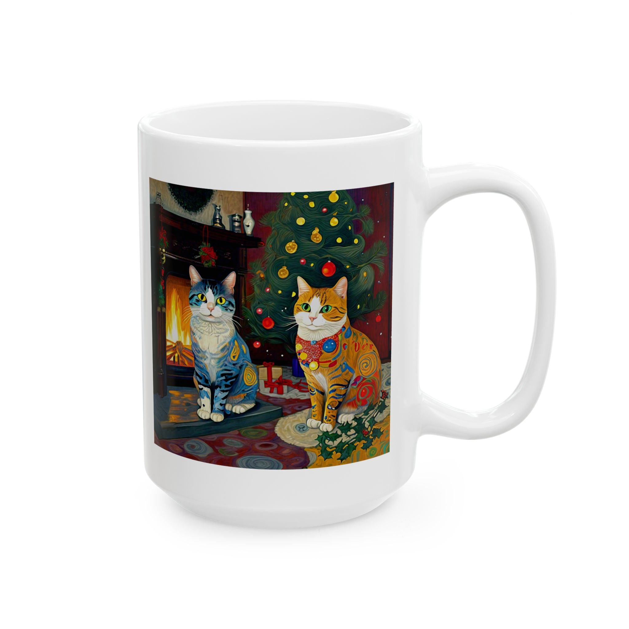 Mug - Colorful Christmas Cats Xmas Tree Yule Fire Klimt Style