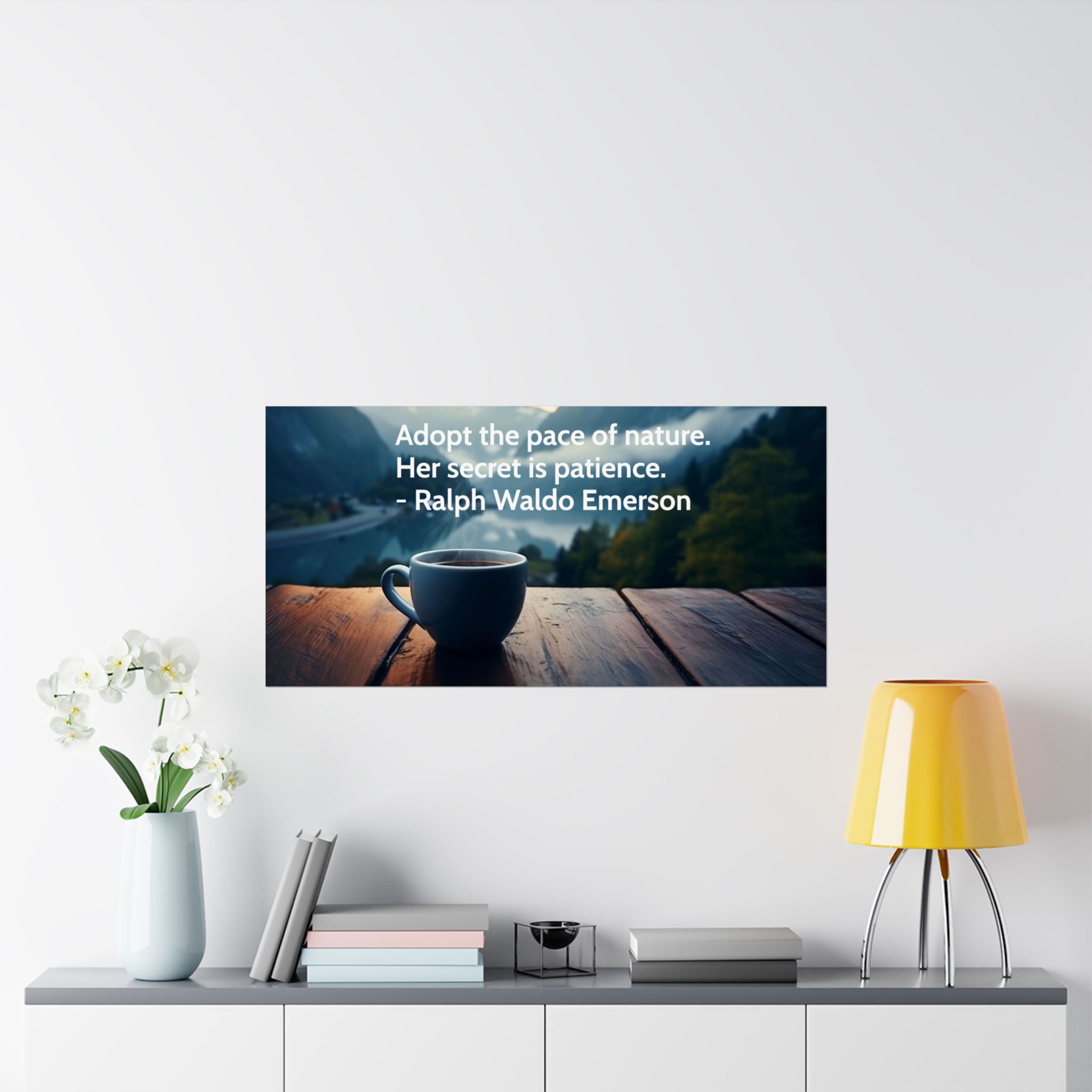 Adopt the Pace of Nature – Ralph Waldo Emerson Quote Wall Art Poster | Coffee Mountain Print | Inspirational Home Décor