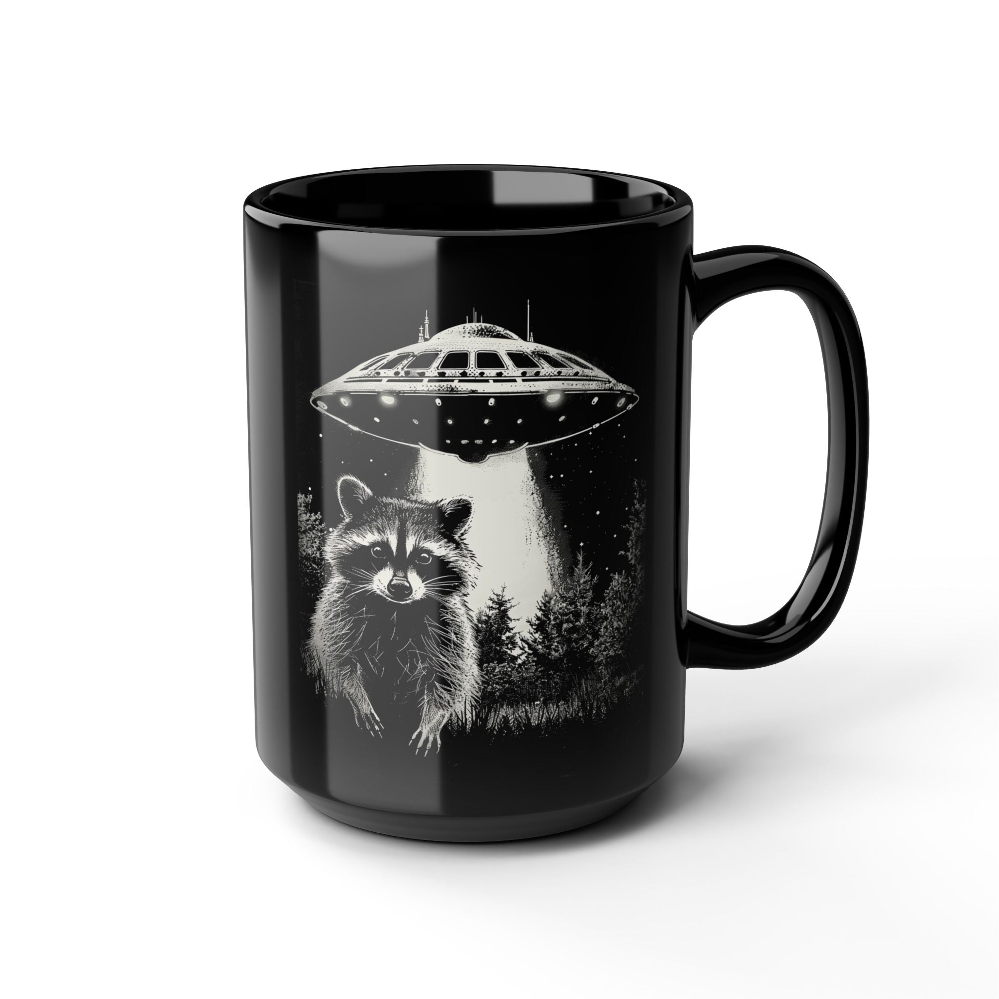 Funny Space Raccoon Mug | Black Ceramic Coffee Cup, 11oz & 15oz | Alien Abduction Parody, Animal Lover Gift, Cosmic Humor Drinkwar