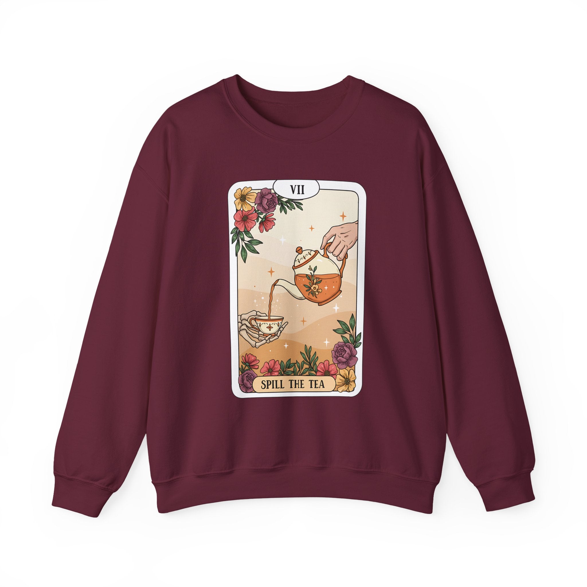 “Spill the Tea” Long Sleeve Shirt – Tarot-Inspired Graphic Tee | Cozy Witchy Apparel | Funny Gift for Tea Lovers