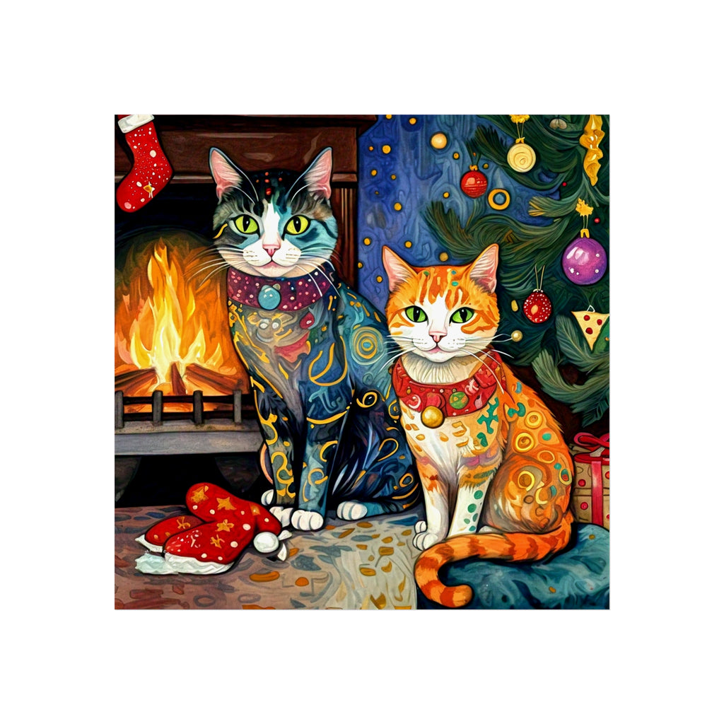 Christmas Cats Holiday Yule Fire Xmas Tree Colorful Fine Art Poster