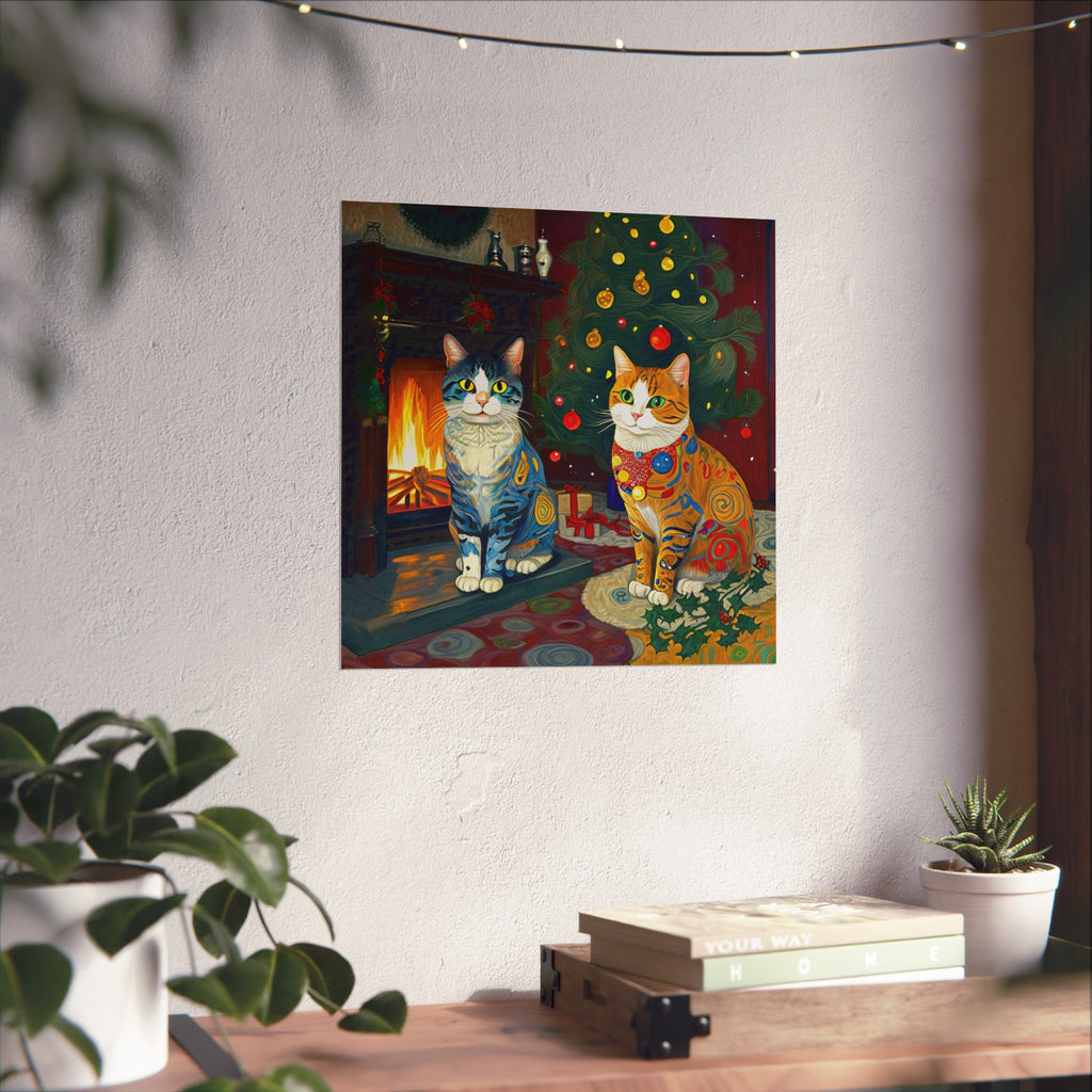 Christmas Cats Holiday Yule Fire Colorful Fine Art Poster