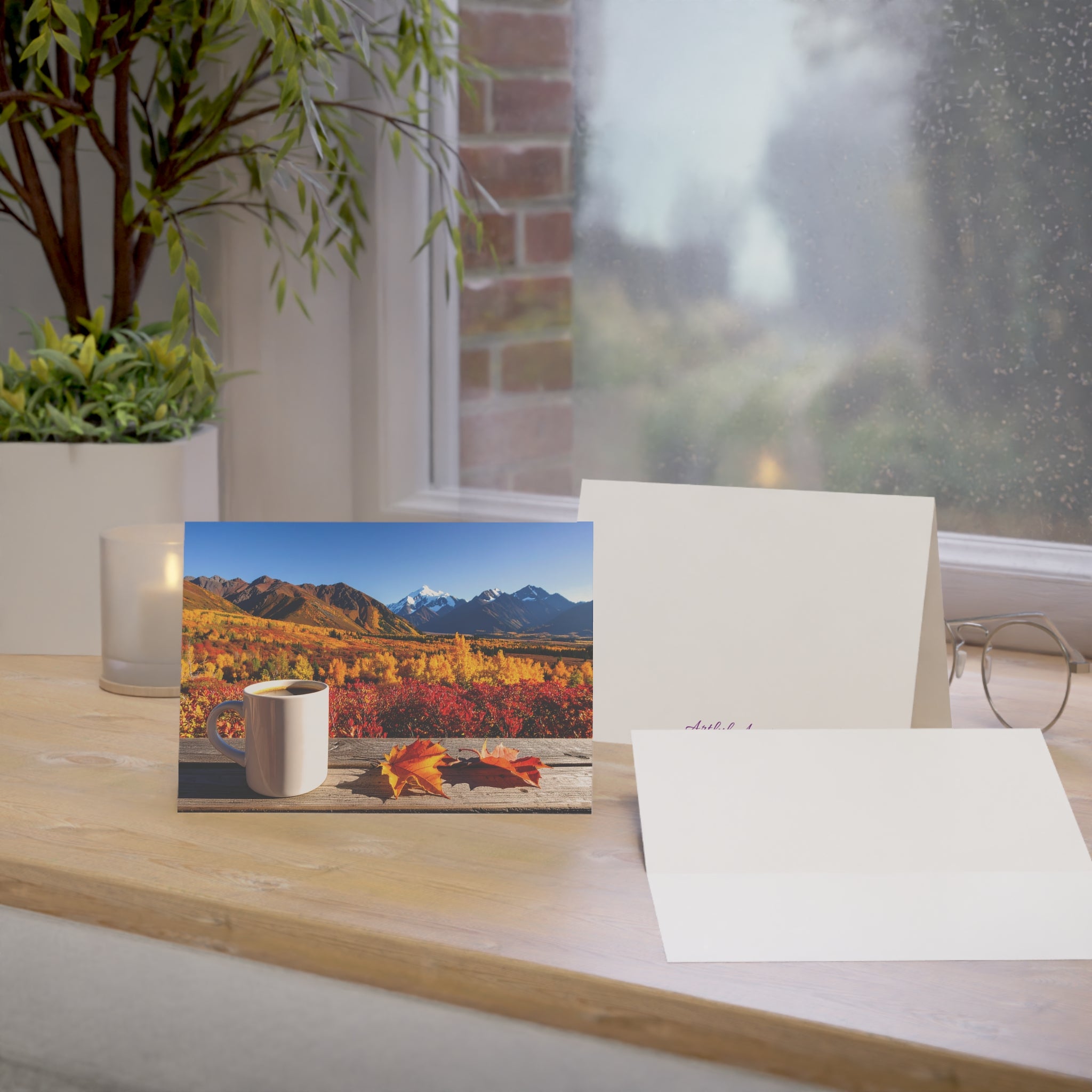 Autumn Mountain Getaway Greeting Card | Fall Colors & Coffee View | Blank Inside | Single or Multi-Pack (3.5x4.9 or 5x7)
