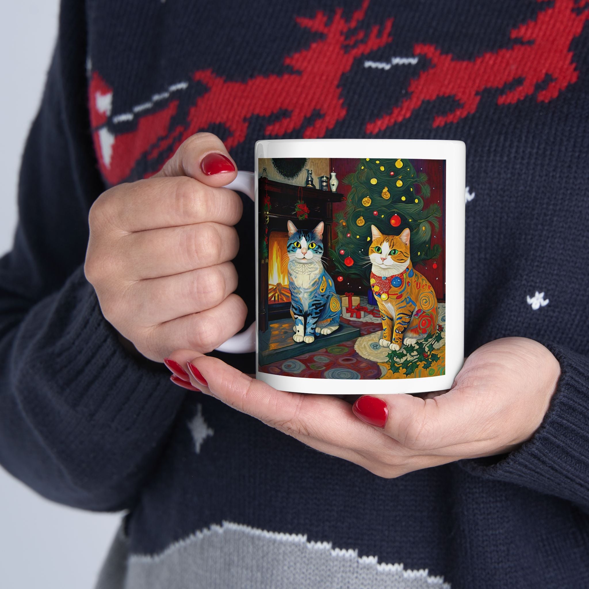 Mug - Colorful Christmas Cats Xmas Tree Yule Fire Klimt Style